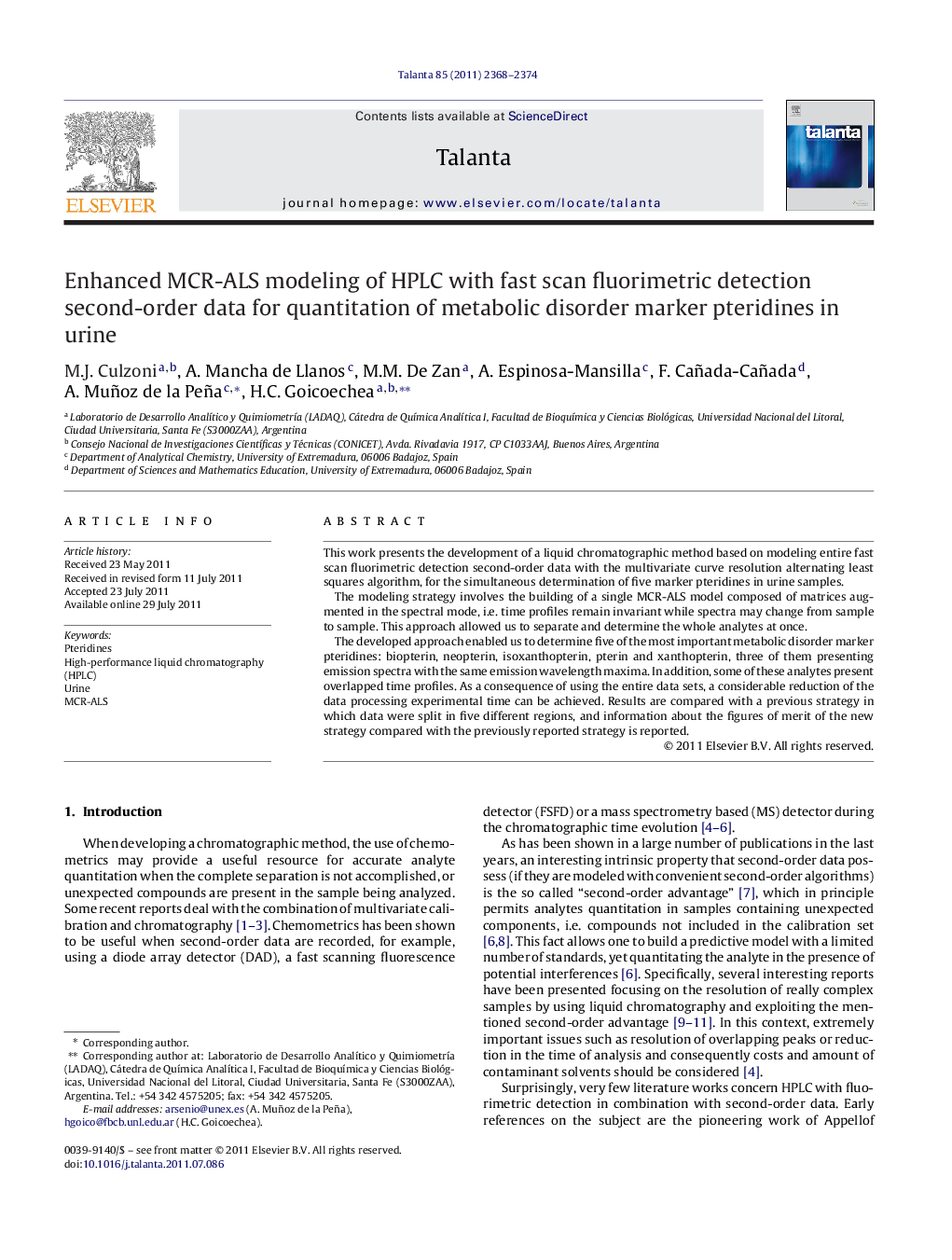 Enhanced MCR-ALS modeling of HPLC with fast scan fluorimetric detection second-order data for quantitation of metabolic disorder marker pteridines in urine