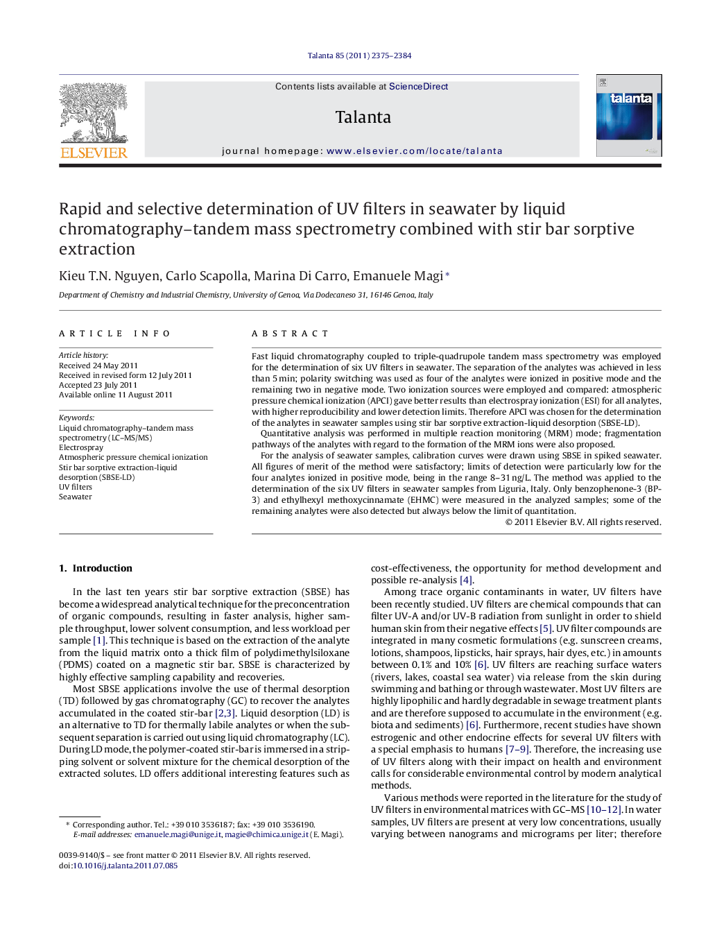 Rapid and selective determination of UV filters in seawater by liquid chromatography-tandem mass spectrometry combined with stir bar sorptive extraction