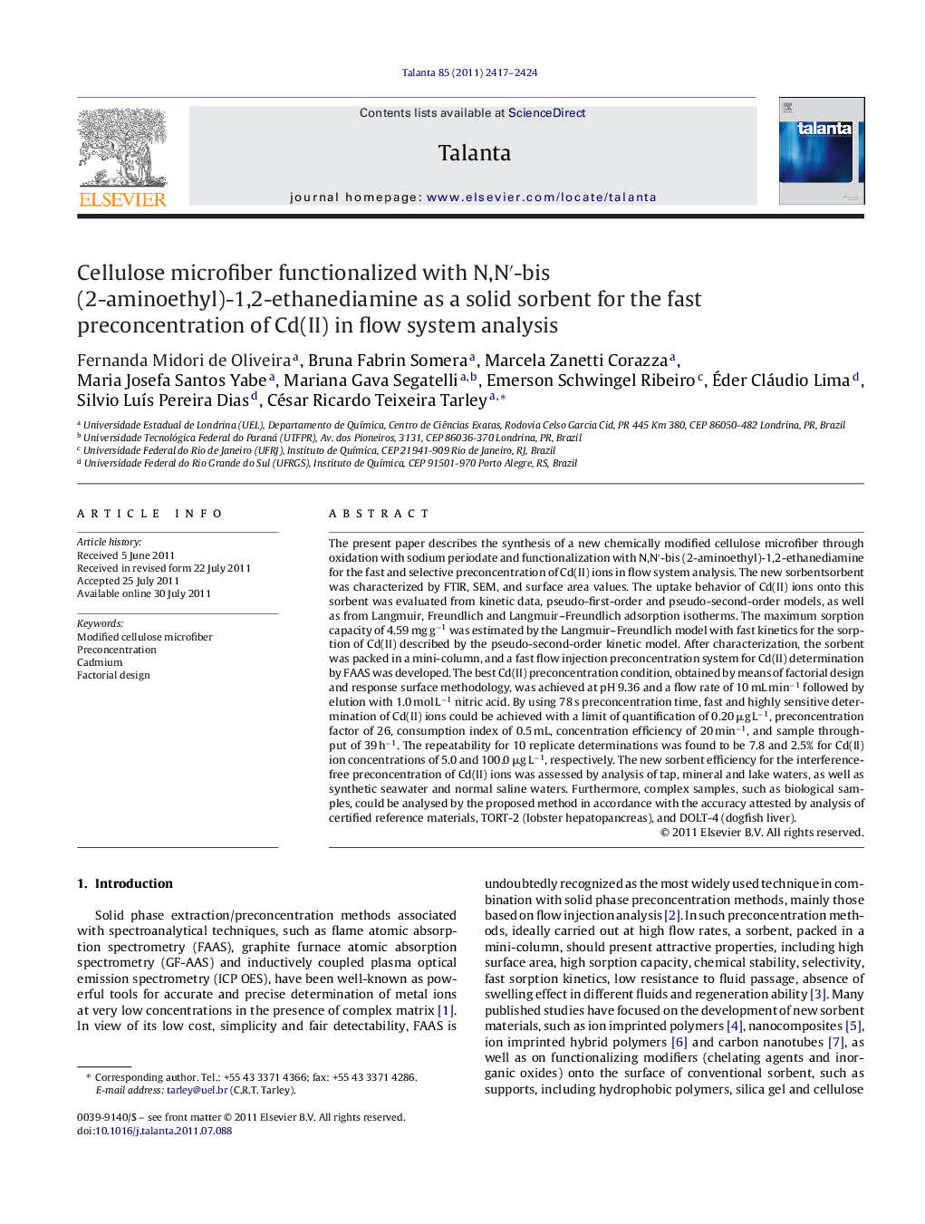 Cellulose microfiber functionalized with N,Nâ²-bis (2-aminoethyl)-1,2-ethanediamine as a solid sorbent for the fast preconcentration of Cd(II) in flow system analysis