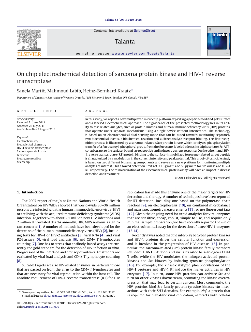 On chip electrochemical detection of sarcoma protein kinase and HIV-1 reverse transcriptase