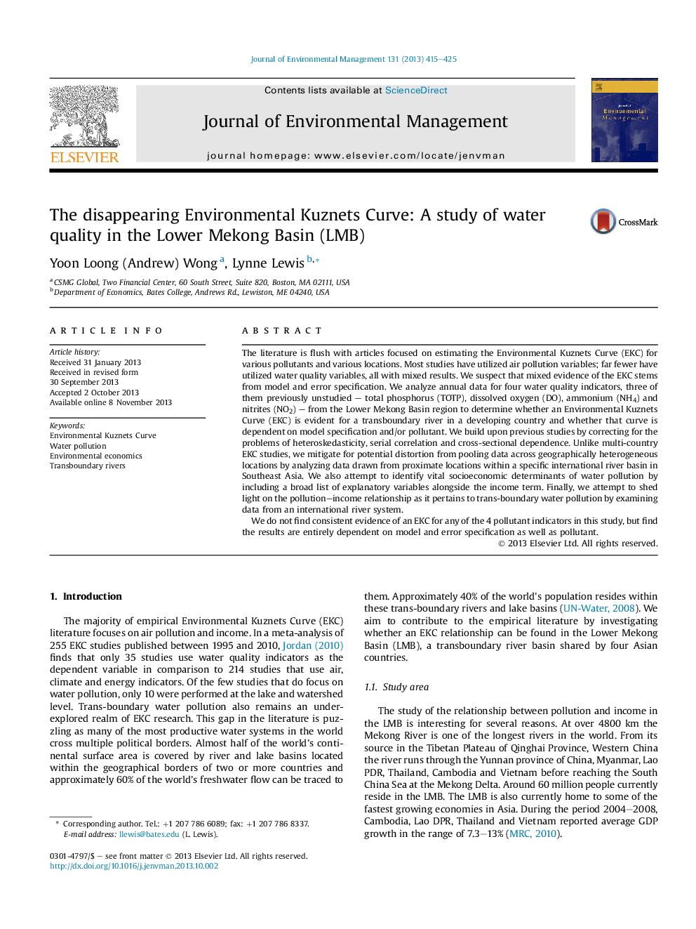 The disappearing Environmental Kuznets Curve: A study of water quality in the Lower Mekong Basin (LMB)