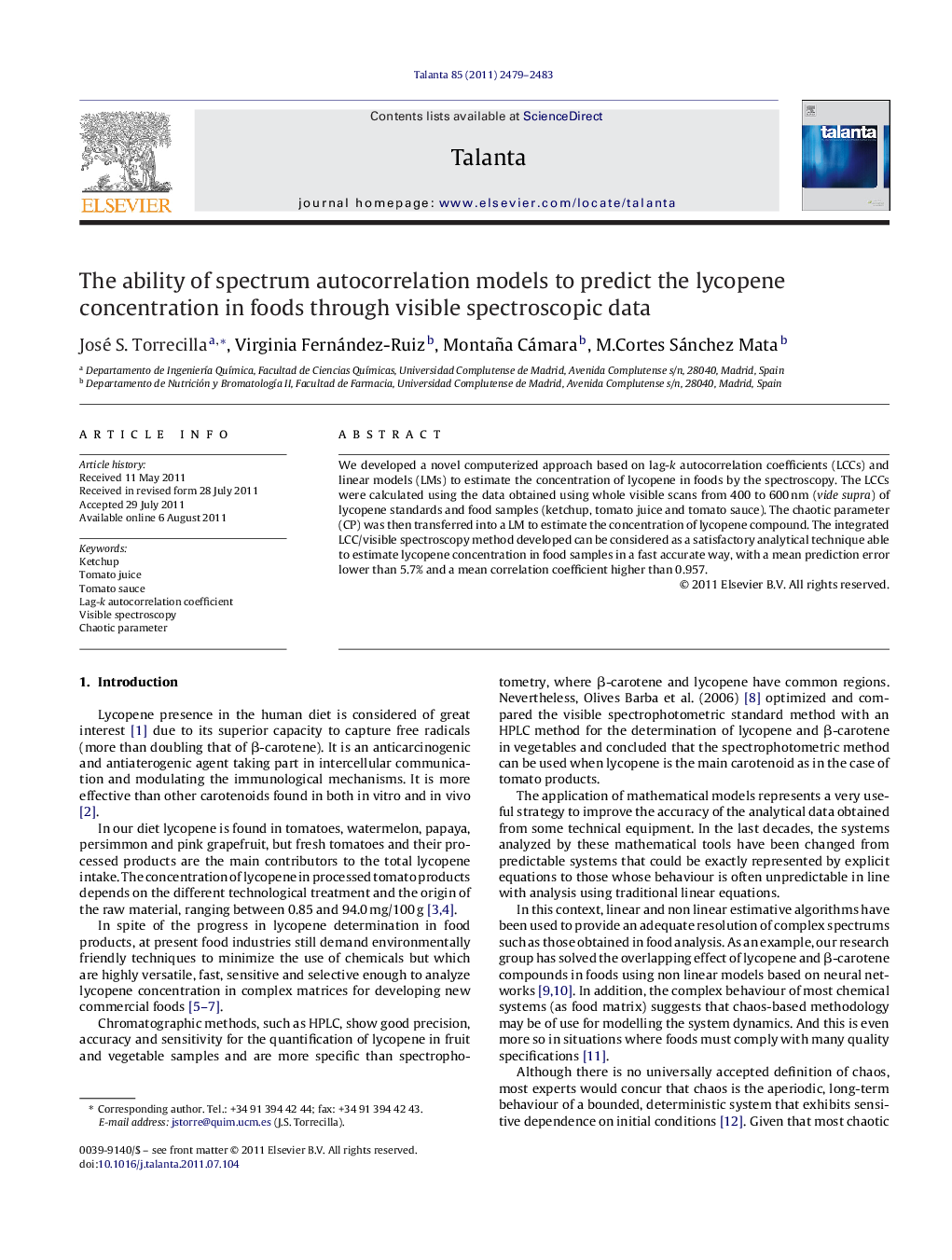 The ability of spectrum autocorrelation models to predict the lycopene concentration in foods through visible spectroscopic data