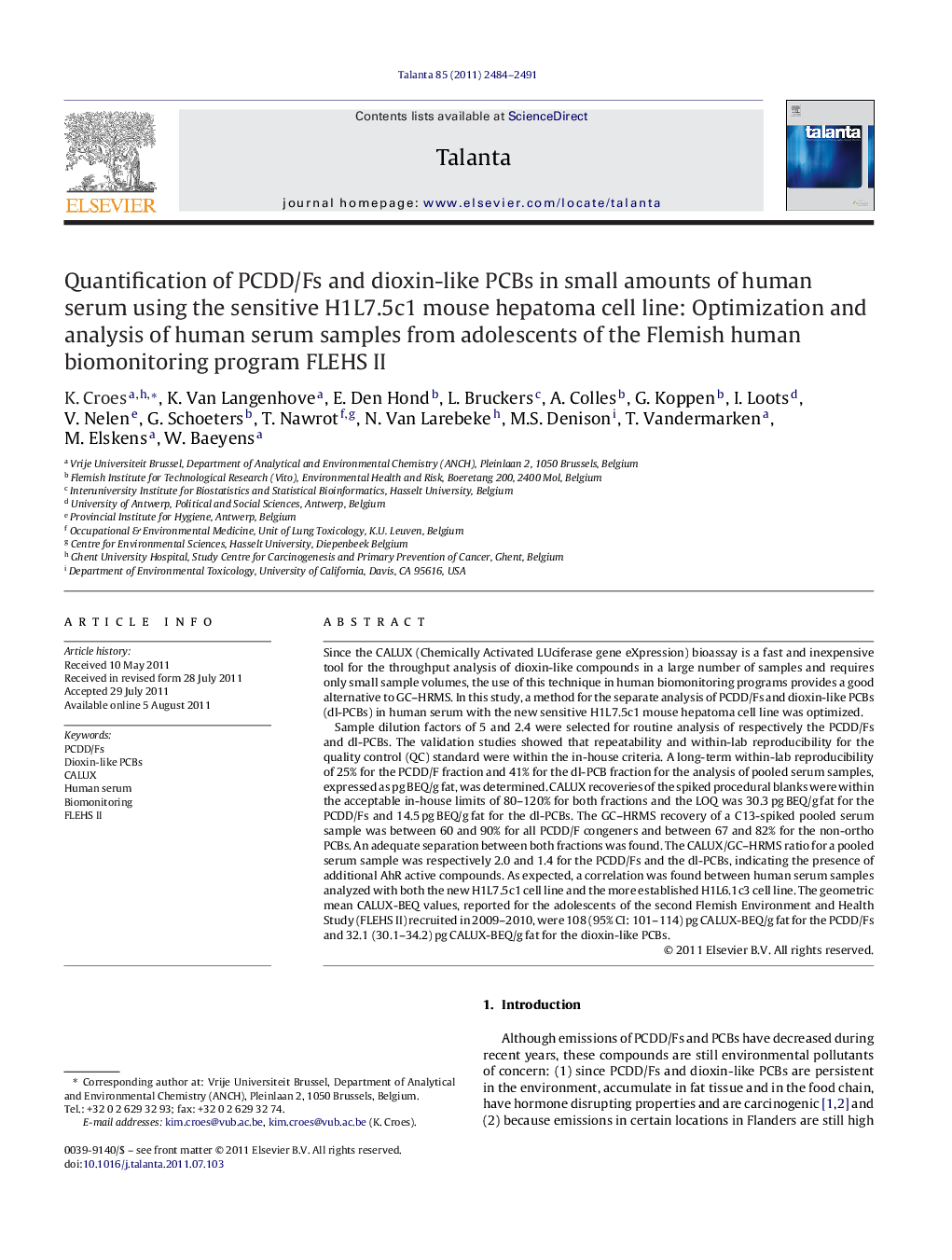 Quantification of PCDD/Fs and dioxin-like PCBs in small amounts of human serum using the sensitive H1L7.5c1 mouse hepatoma cell line: Optimization and analysis of human serum samples from adolescents of the Flemish Environment and Health Study (FLEHS II)