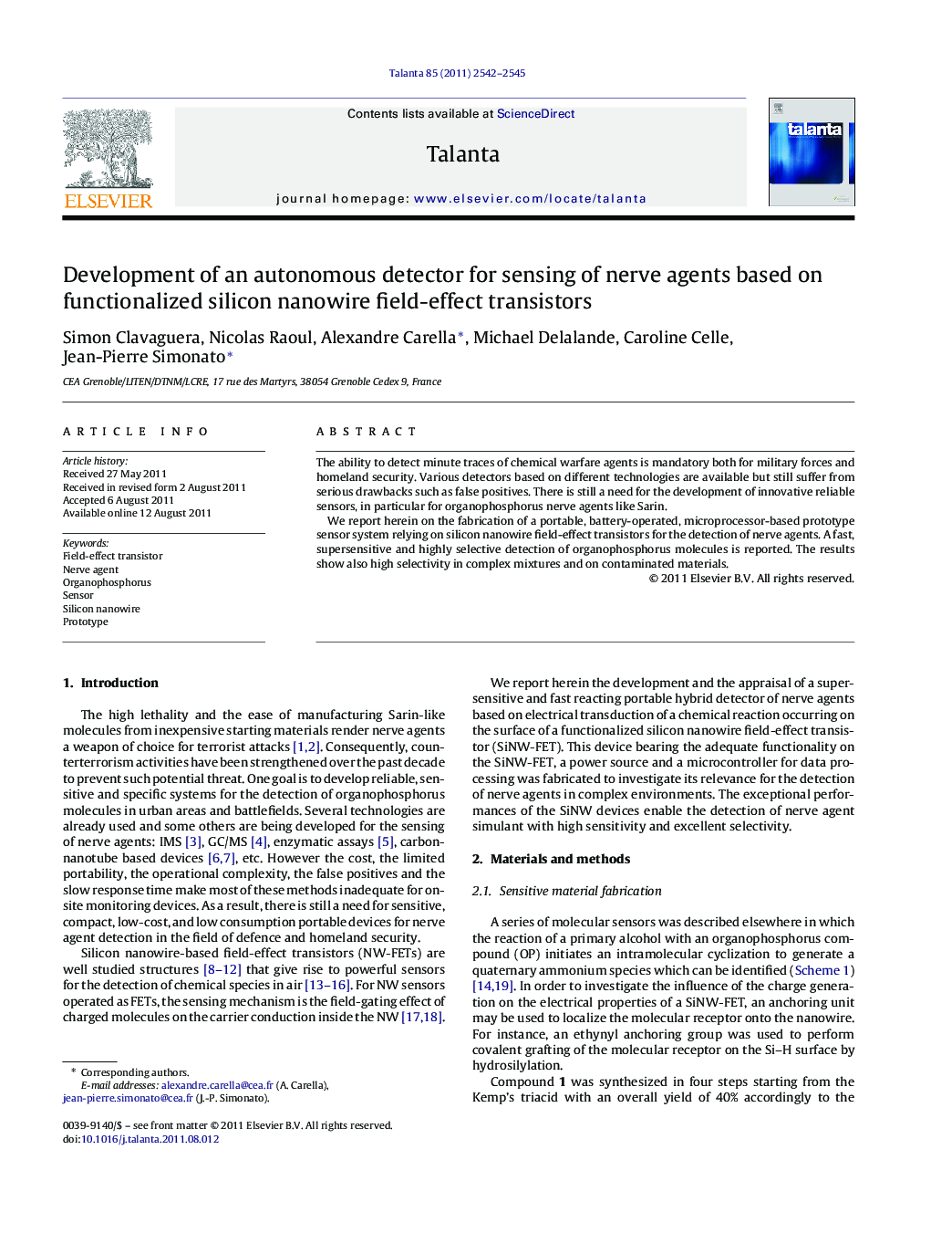 Development of an autonomous detector for sensing of nerve agents based on functionalized silicon nanowire field-effect transistors