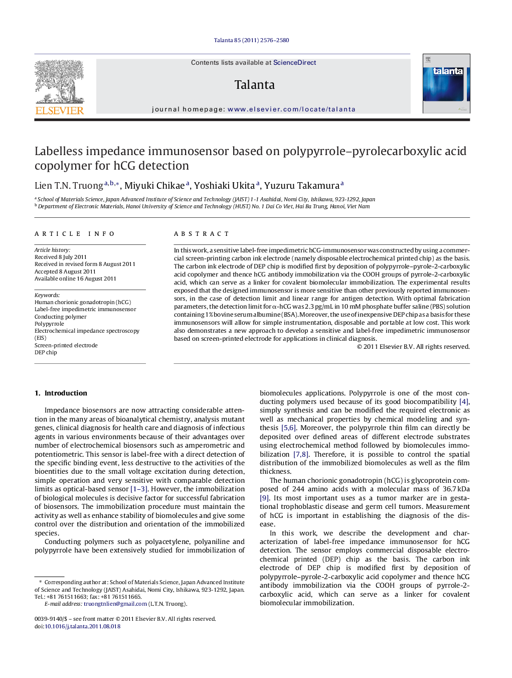 Labelless impedance immunosensor based on polypyrrole-pyrolecarboxylic acid copolymer for hCG detection