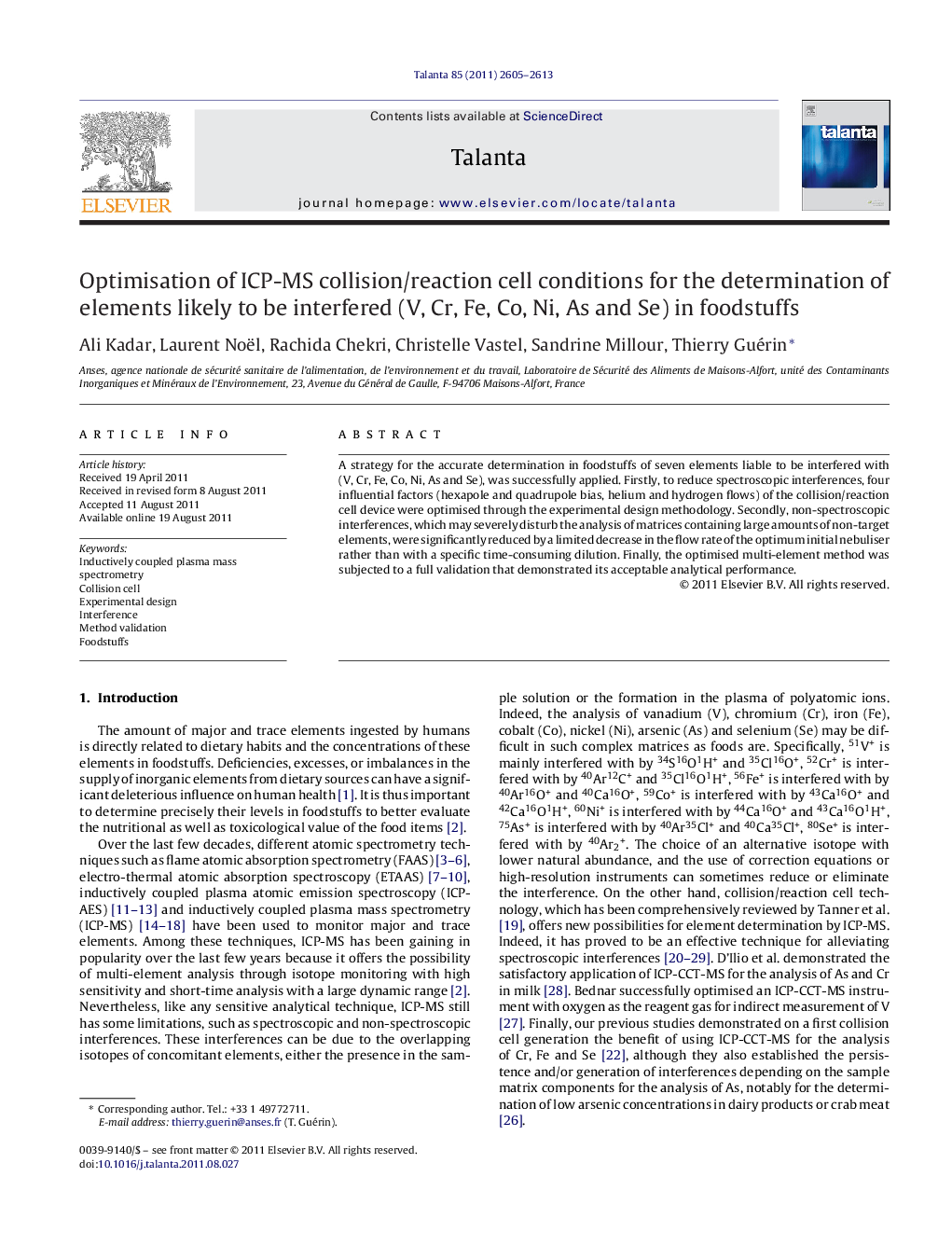 Optimisation of ICP-MS collision/reaction cell conditions for the determination of elements likely to be interfered (V, Cr, Fe, Co, Ni, As and Se) in foodstuffs