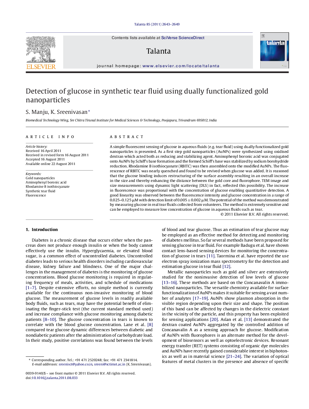 Detection of glucose in synthetic tear fluid using dually functionalized gold nanoparticles