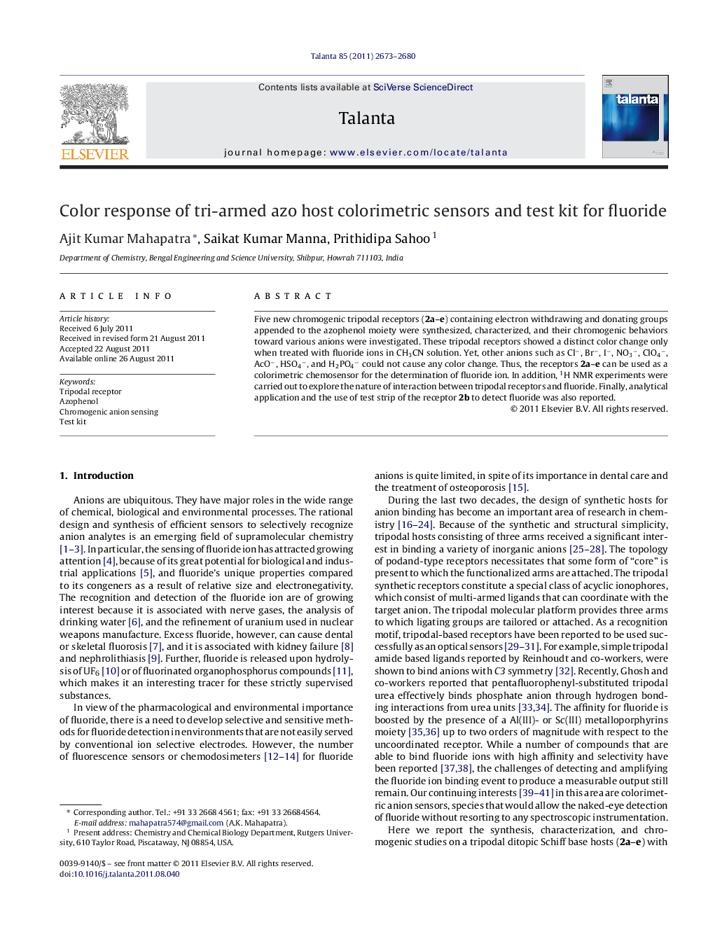 Color response of tri-armed azo host colorimetric sensors and test kit for fluoride