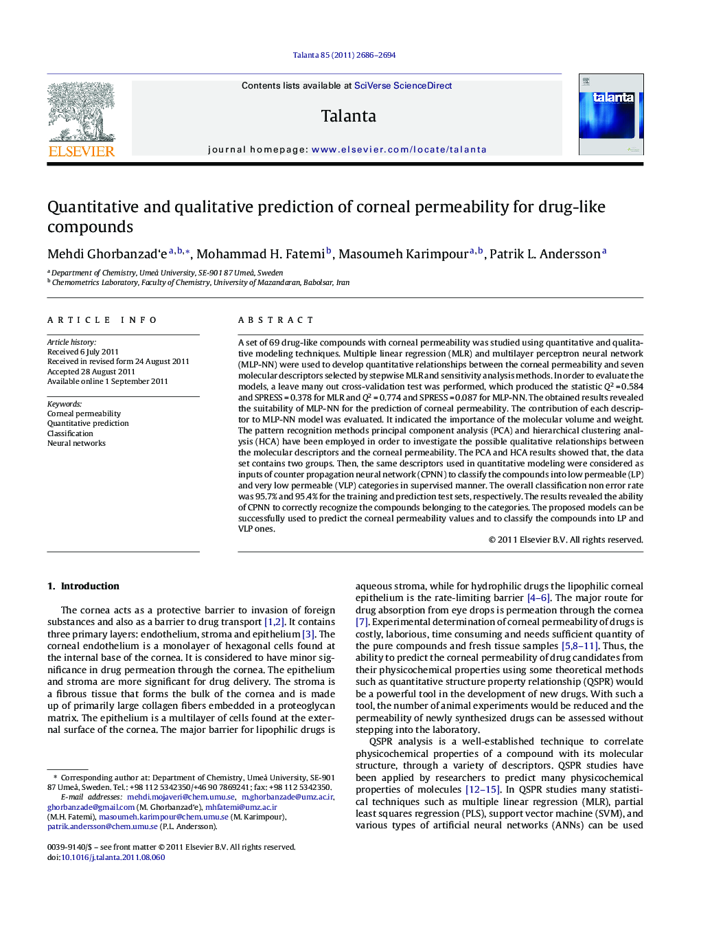 Quantitative and qualitative prediction of corneal permeability for drug-like compounds