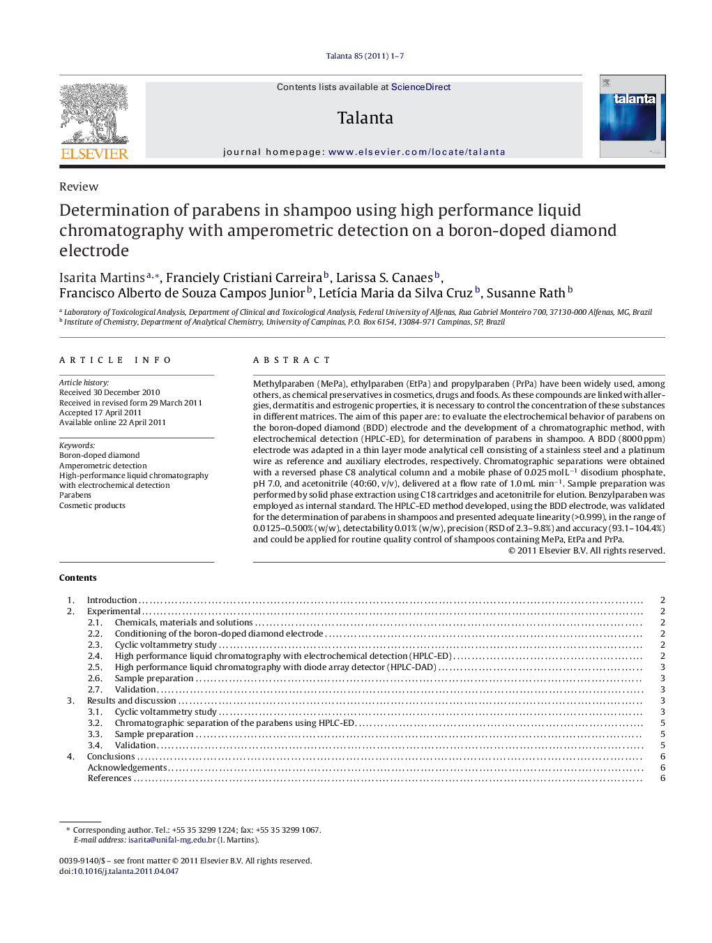 Determination of parabens in shampoo using high performance liquid chromatography with amperometric detection on a boron-doped diamond electrode