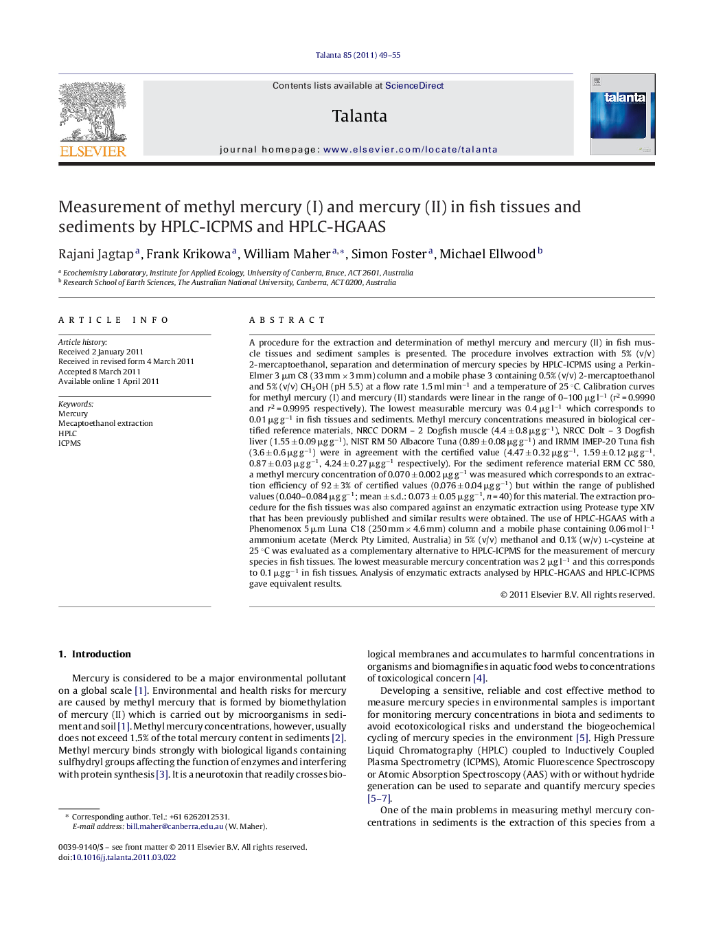 Measurement of methyl mercury (I) and mercury (II) in fish tissues and sediments by HPLC-ICPMS and HPLC-HGAAS