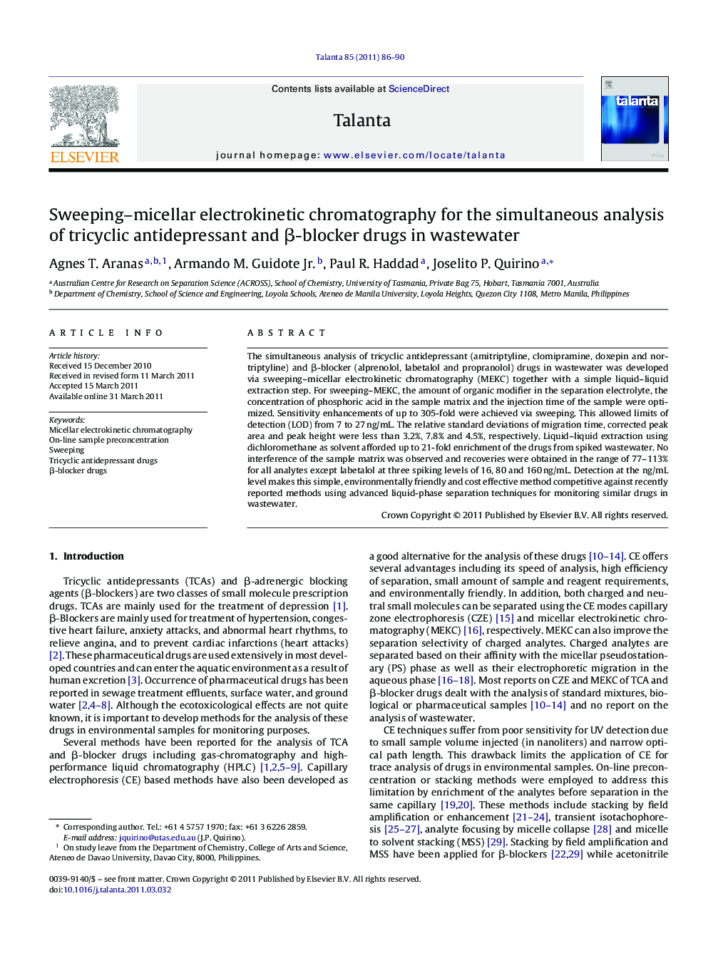 Sweeping-micellar electrokinetic chromatography for the simultaneous analysis of tricyclic antidepressant and Î²-blocker drugs in wastewater