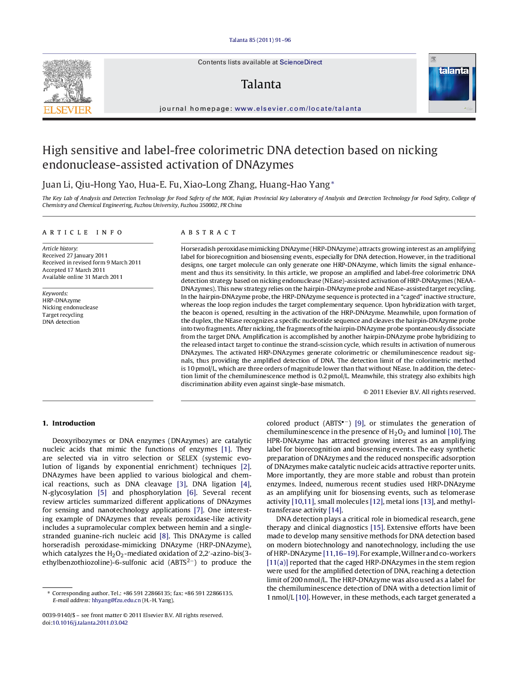 High sensitive and label-free colorimetric DNA detection based on nicking endonuclease-assisted activation of DNAzymes