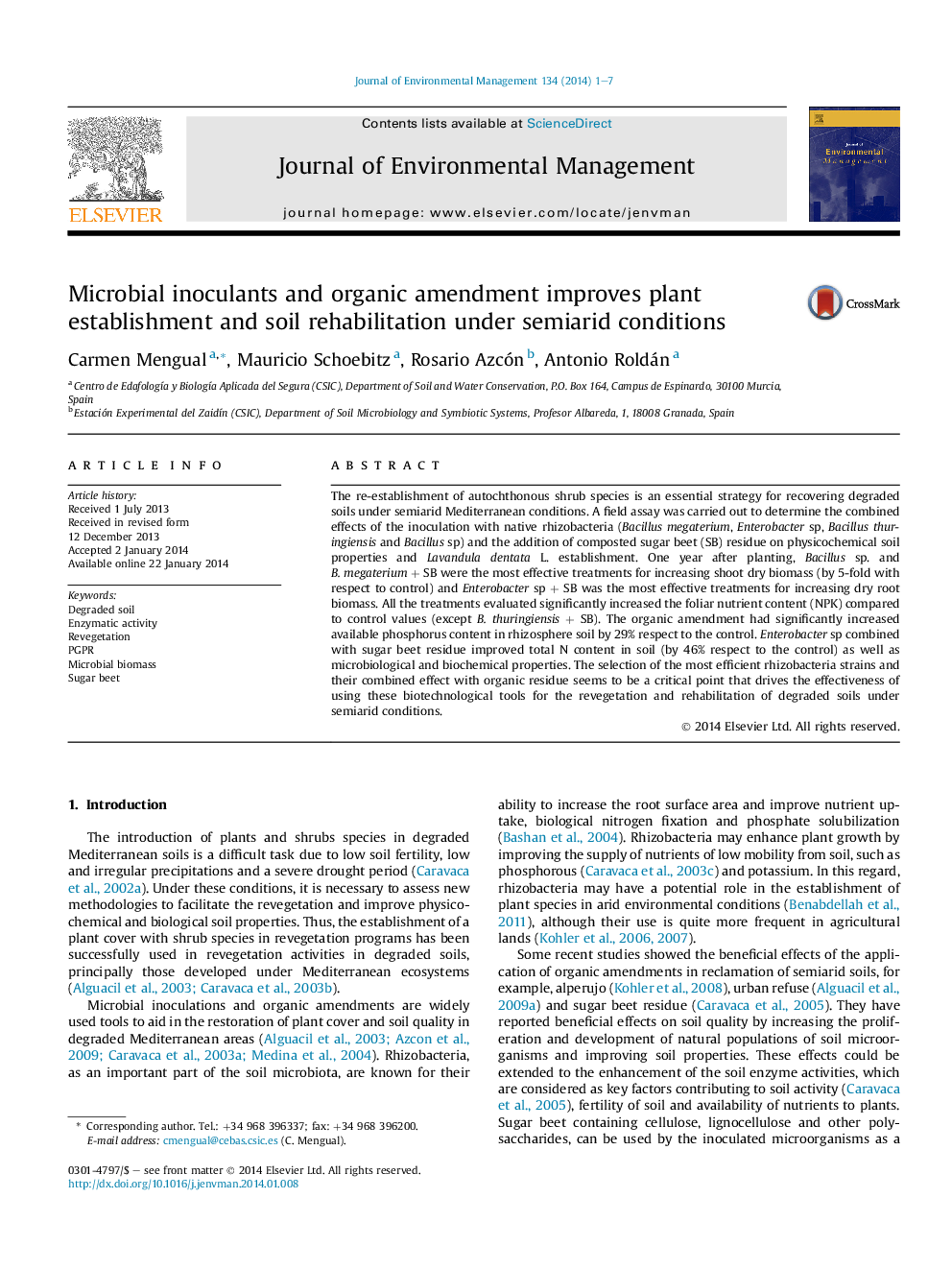 Microbial inoculants and organic amendment improves plant establishment and soil rehabilitation under semiarid conditions