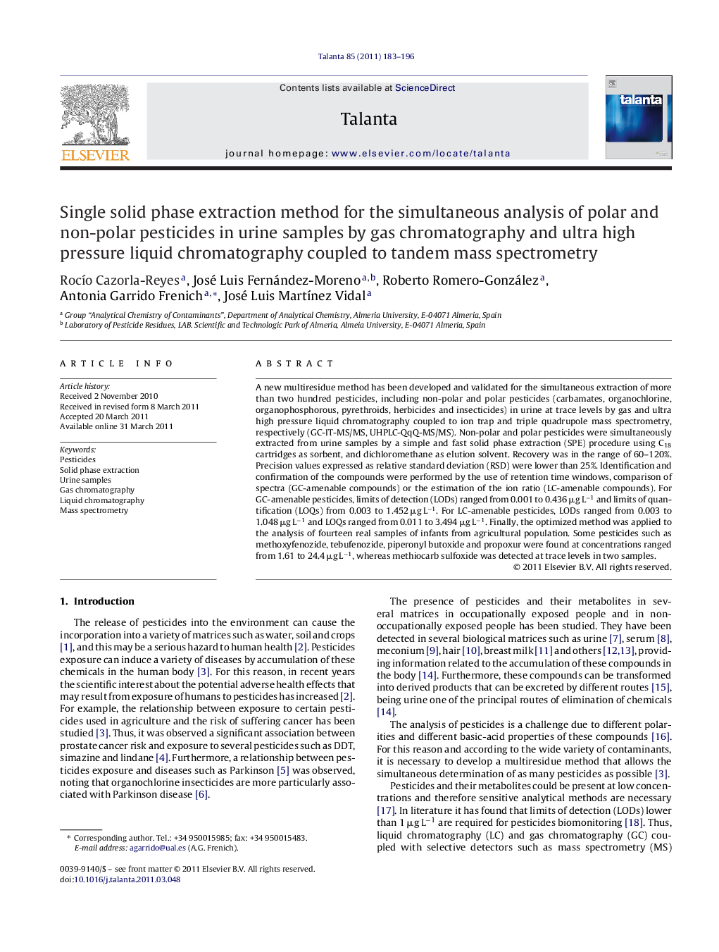 Single solid phase extraction method for the simultaneous analysis of polar and non-polar pesticides in urine samples by gas chromatography and ultra high pressure liquid chromatography coupled to tandem mass spectrometry