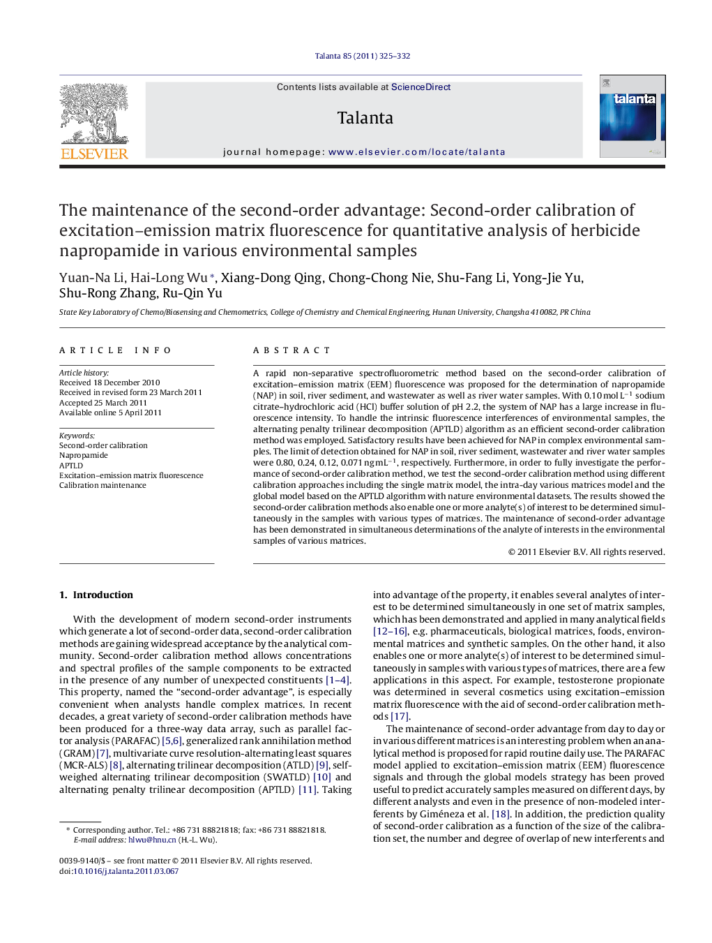 The maintenance of the second-order advantage: Second-order calibration of excitation-emission matrix fluorescence for quantitative analysis of herbicide napropamide in various environmental samples