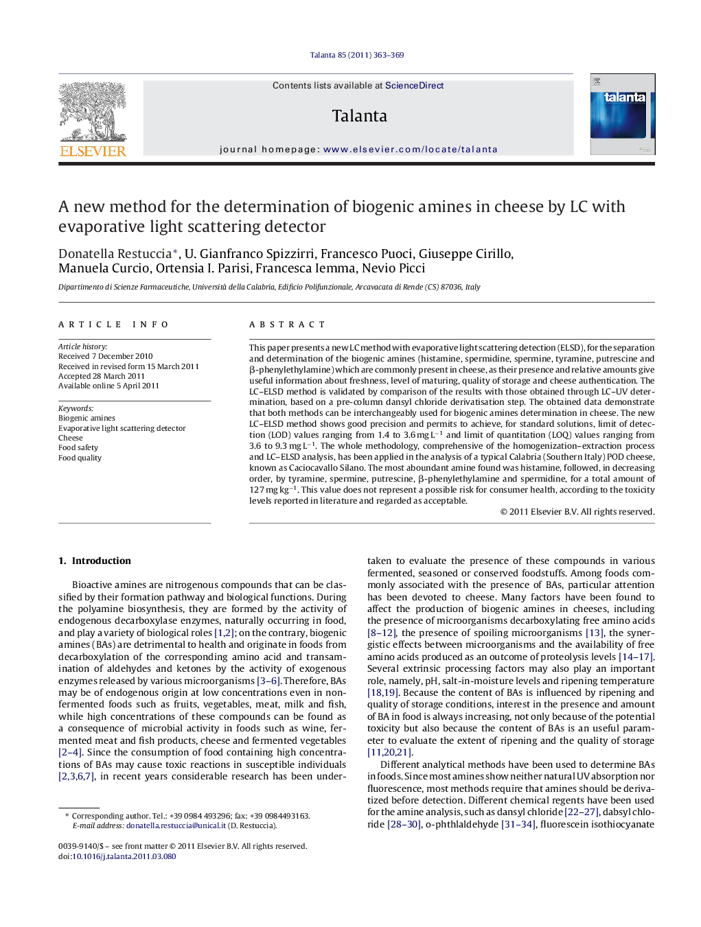 A new method for the determination of biogenic amines in cheese by LC with evaporative light scattering detector