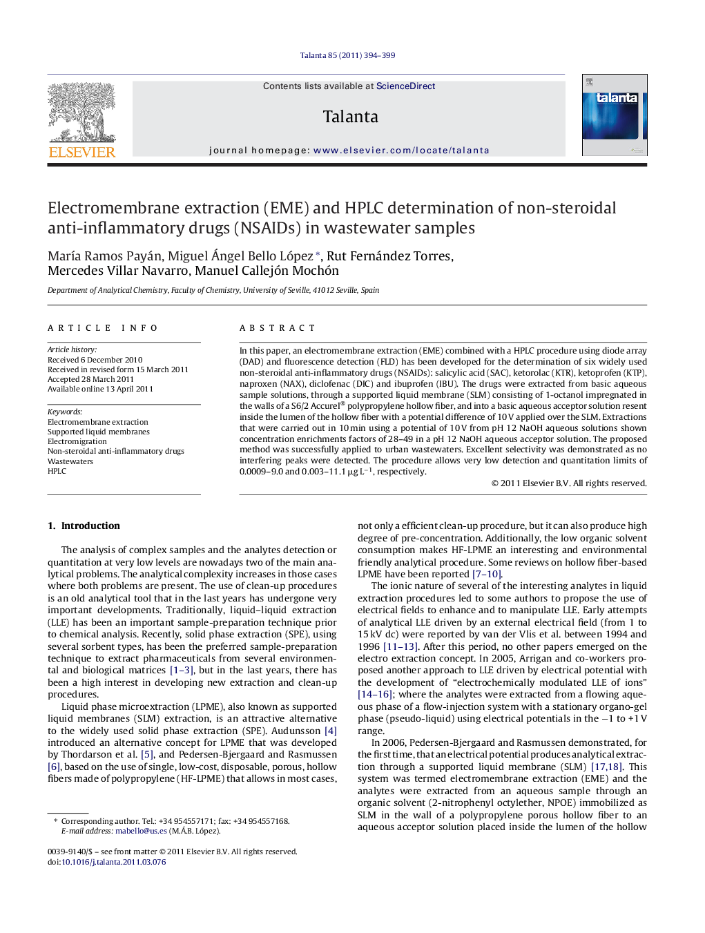 Electromembrane extraction (EME) and HPLC determination of non-steroidal anti-inflammatory drugs (NSAIDs) in wastewater samples