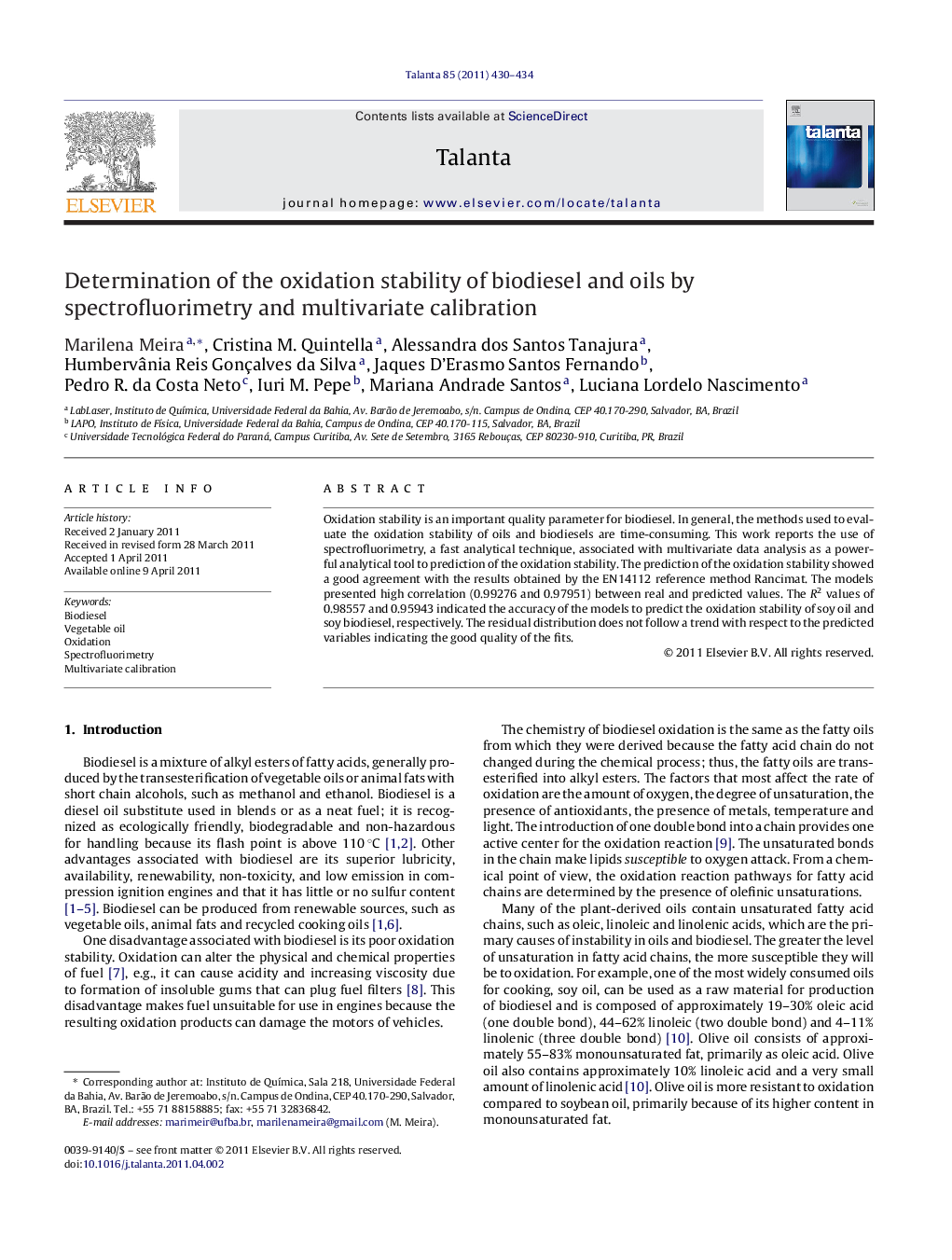 Determination of the oxidation stability of biodiesel and oils by spectrofluorimetry and multivariate calibration