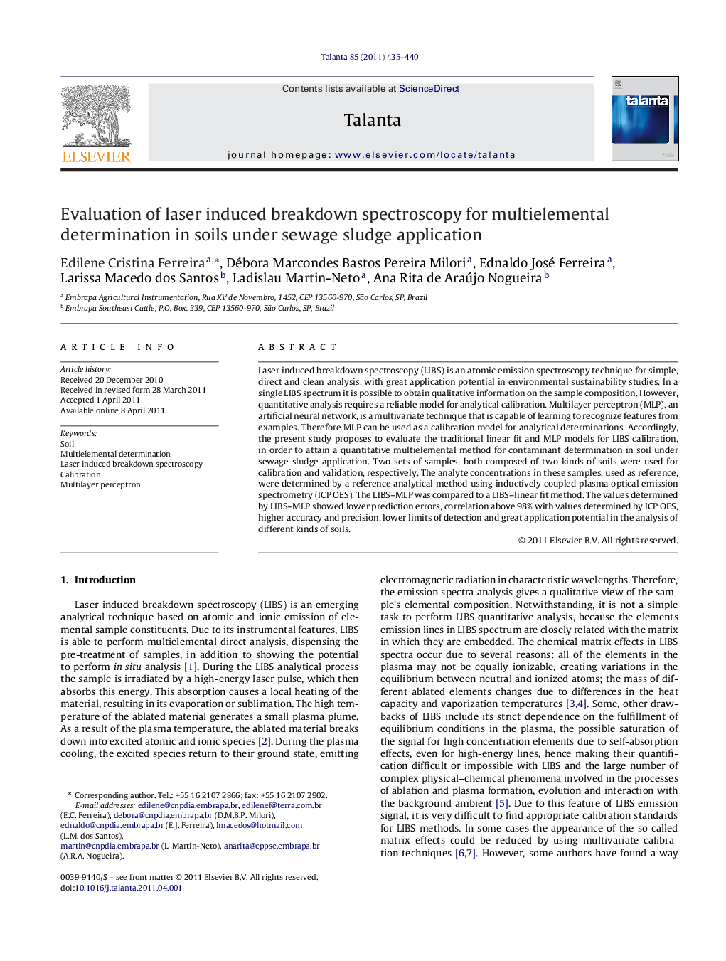 Evaluation of laser induced breakdown spectroscopy for multielemental determination in soils under sewage sludge application