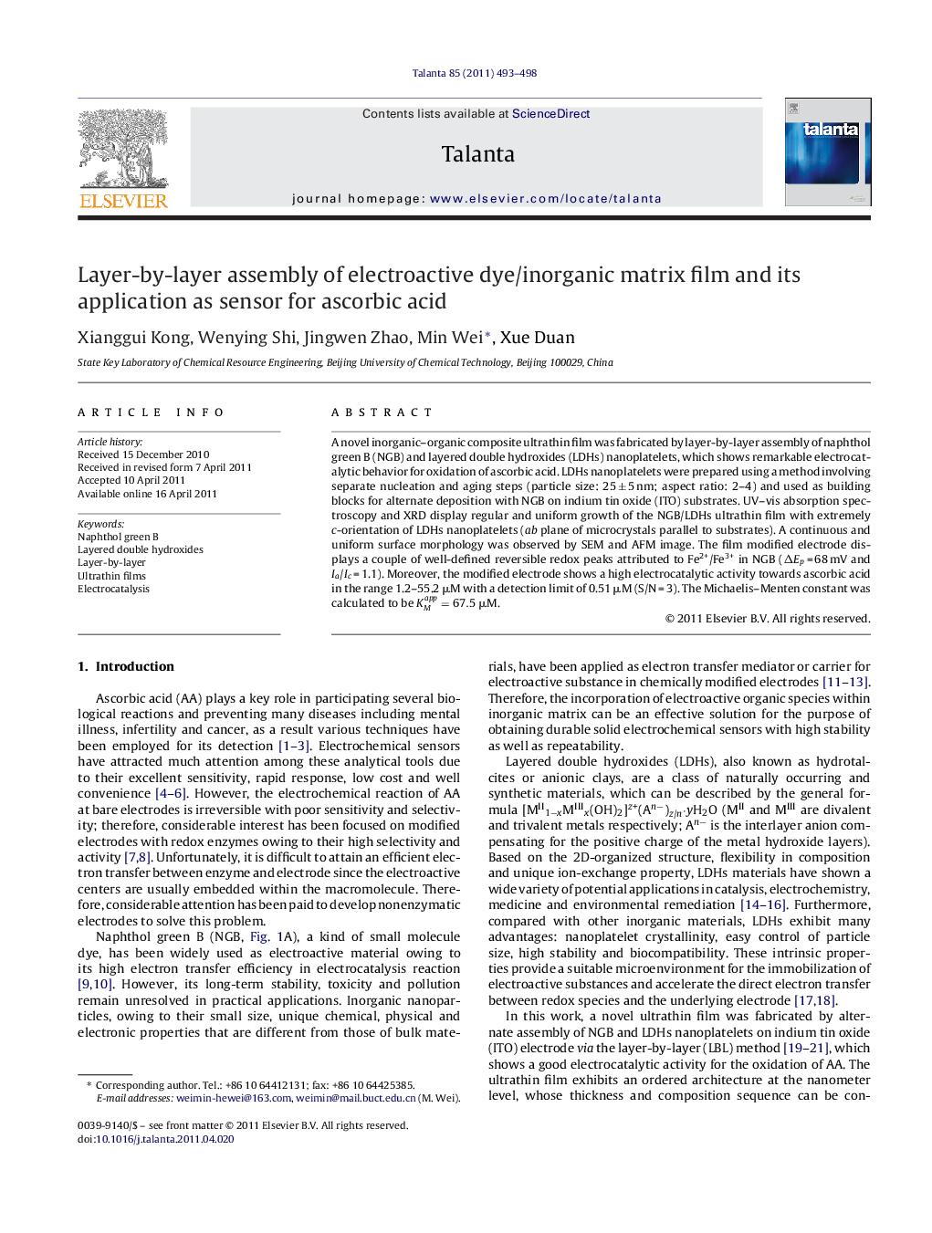 Layer-by-layer assembly of electroactive dye/inorganic matrix film and its application as sensor for ascorbic acid