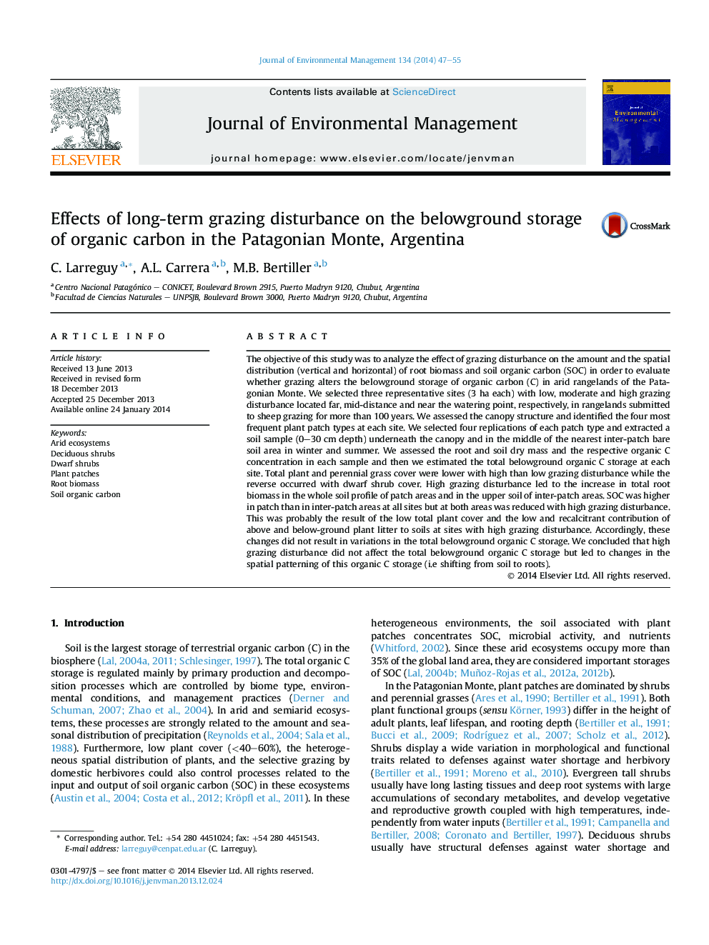 Effects of long-term grazing disturbance on the belowground storage of organic carbon in the Patagonian Monte, Argentina