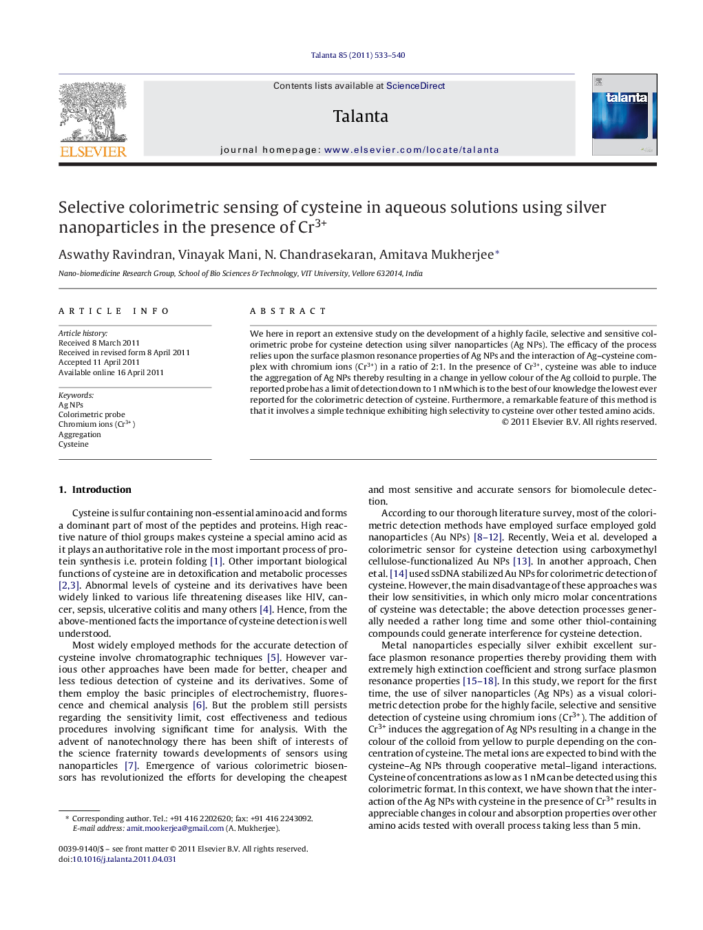 Selective colorimetric sensing of cysteine in aqueous solutions using silver nanoparticles in the presence of Cr3+