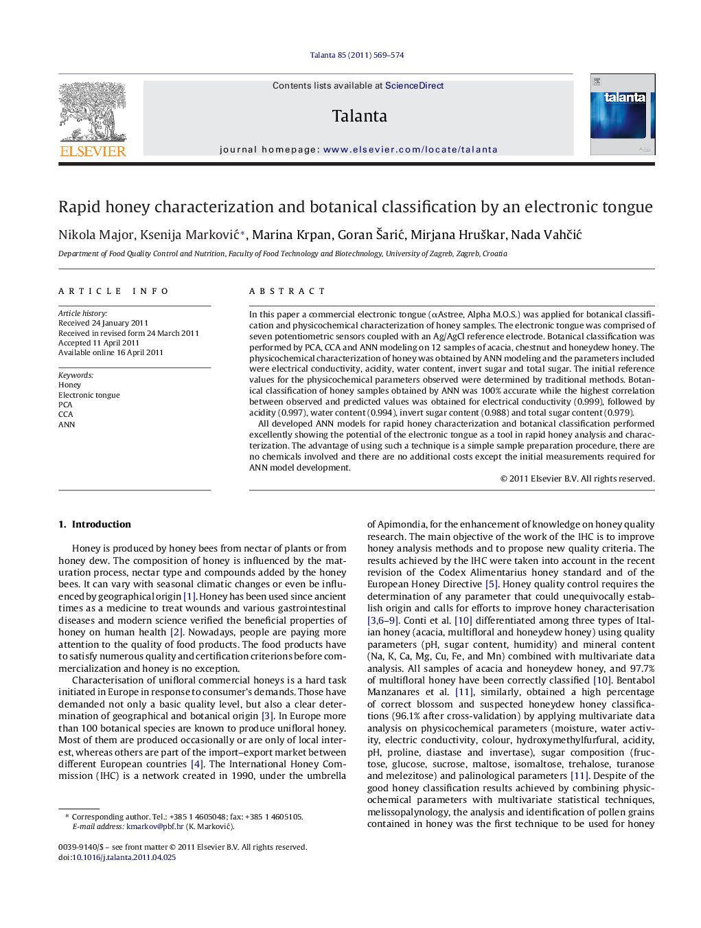 Rapid honey characterization and botanical classification by an electronic tongue