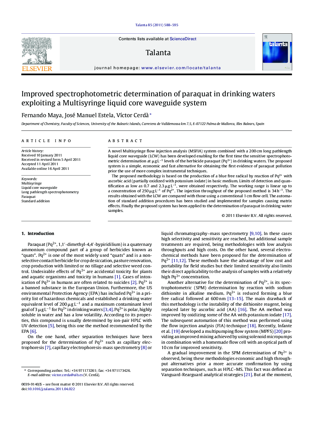 Improved spectrophotometric determination of paraquat in drinking waters exploiting a Multisyringe liquid core waveguide system