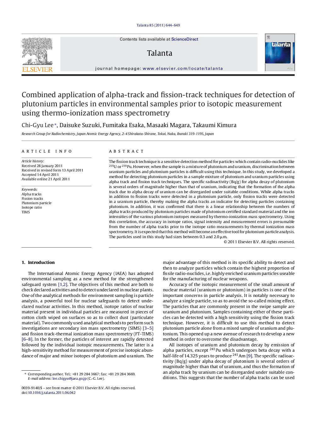 Combined application of alpha-track and fission-track techniques for detection of plutonium particles in environmental samples prior to isotopic measurement using thermo-ionization mass spectrometry