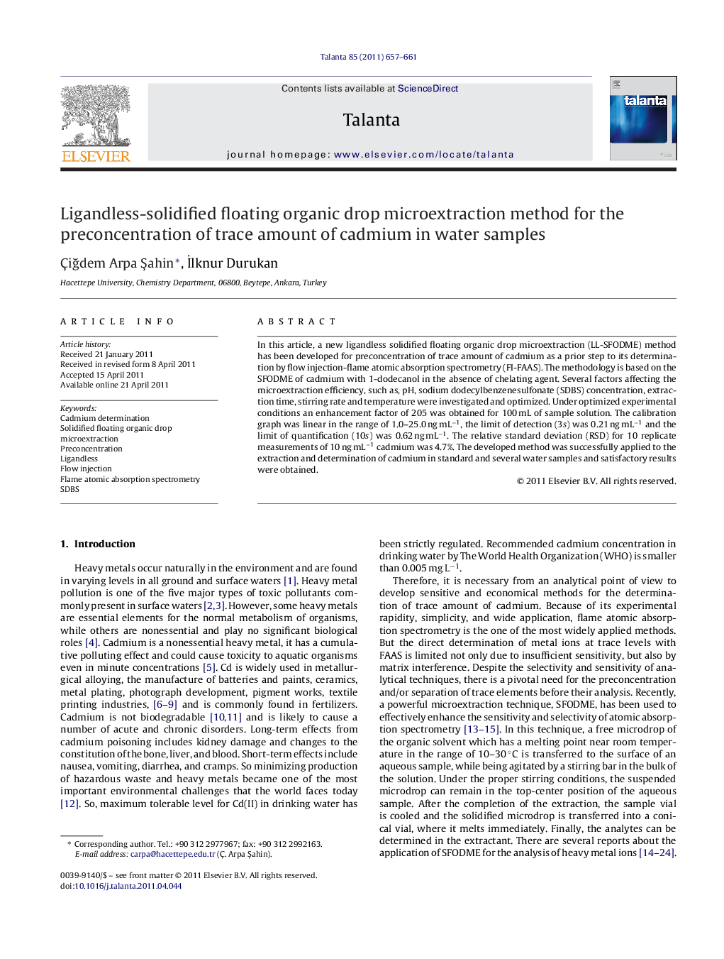 Ligandless-solidified floating organic drop microextraction method for the preconcentration of trace amount of cadmium in water samples