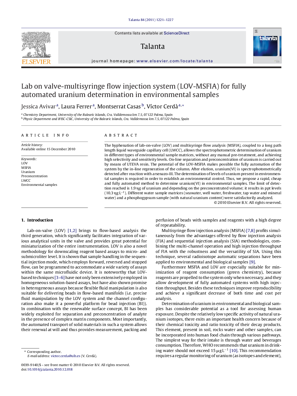 Lab on valve-multisyringe flow injection system (LOV-MSFIA) for fully automated uranium determination in environmental samples