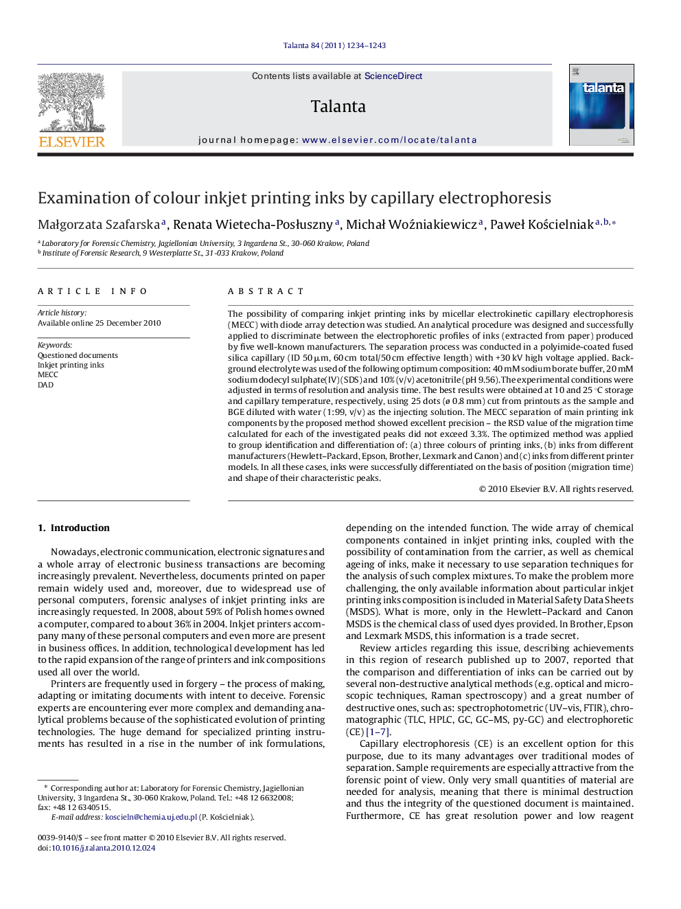 Examination of colour inkjet printing inks by capillary electrophoresis