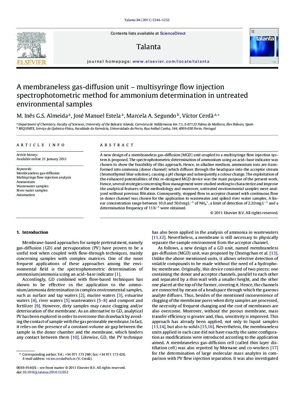 A membraneless gas-diffusion unit - multisyringe flow injection spectrophotometric method for ammonium determination in untreated environmental samples