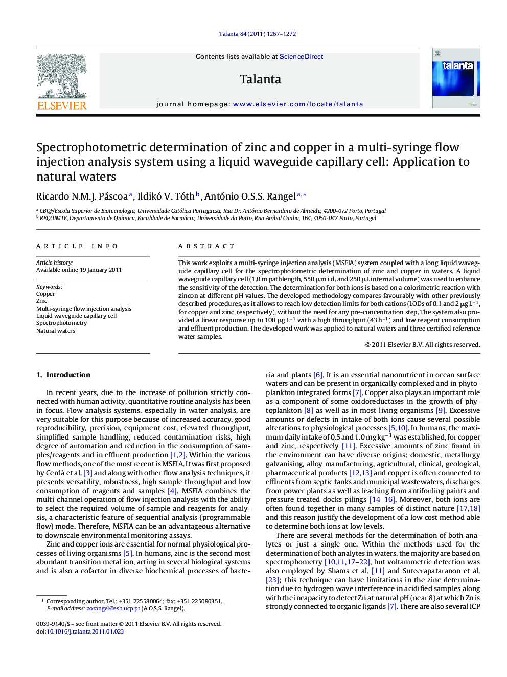 Spectrophotometric determination of zinc and copper in a multi-syringe flow injection analysis system using a liquid waveguide capillary cell: Application to natural waters