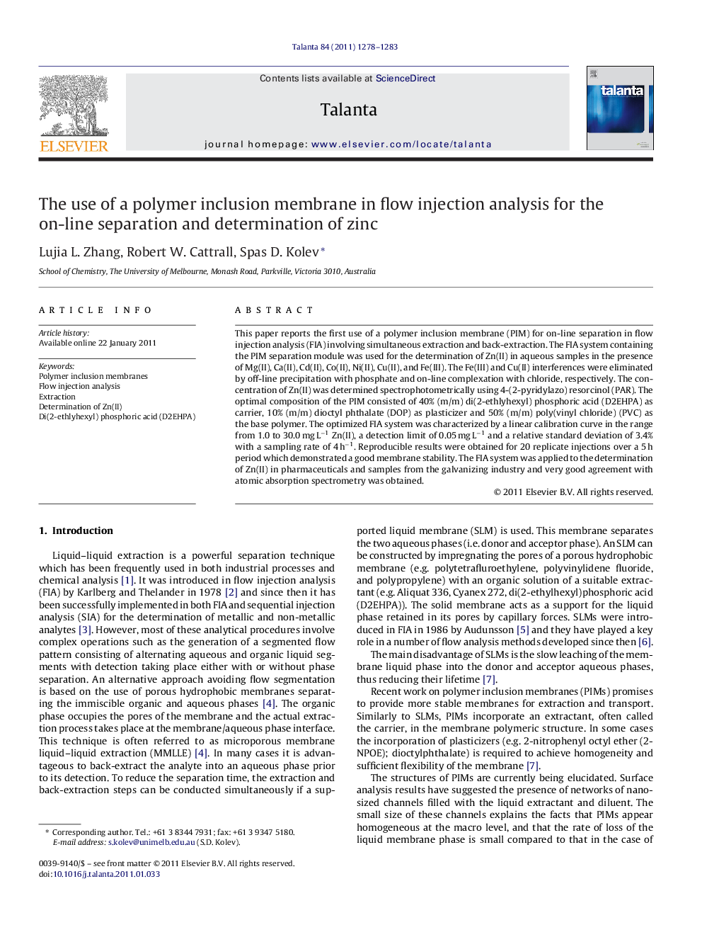 The use of a polymer inclusion membrane in flow injection analysis for the on-line separation and determination of zinc