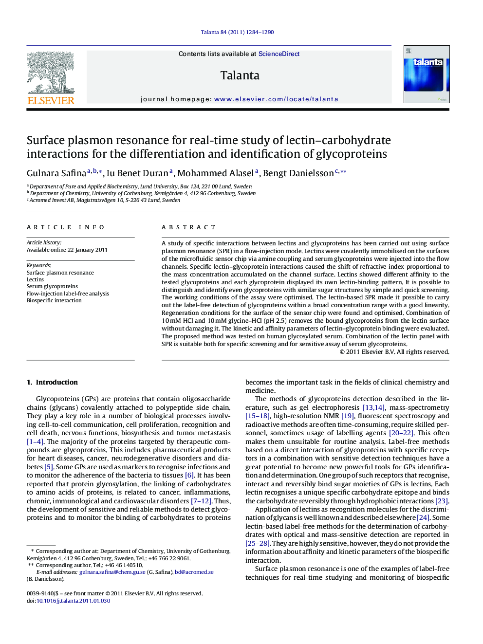 Surface plasmon resonance for real-time study of lectin-carbohydrate interactions for the differentiation and identification of glycoproteins