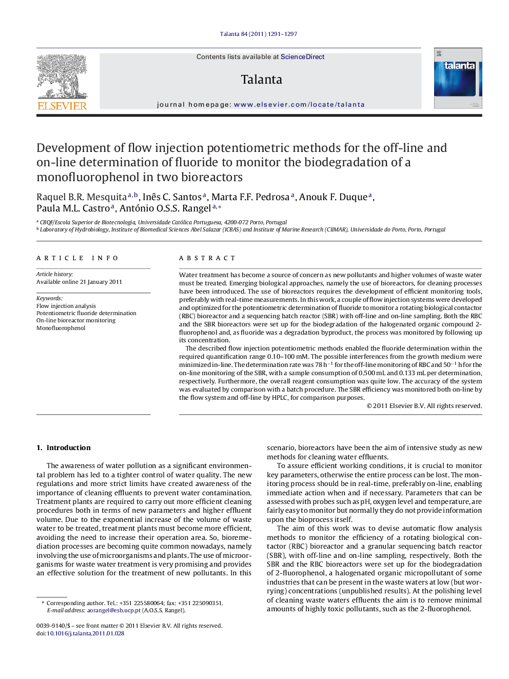 Development of flow injection potentiometric methods for the off-line and on-line determination of fluoride to monitor the biodegradation of a monofluorophenol in two bioreactors