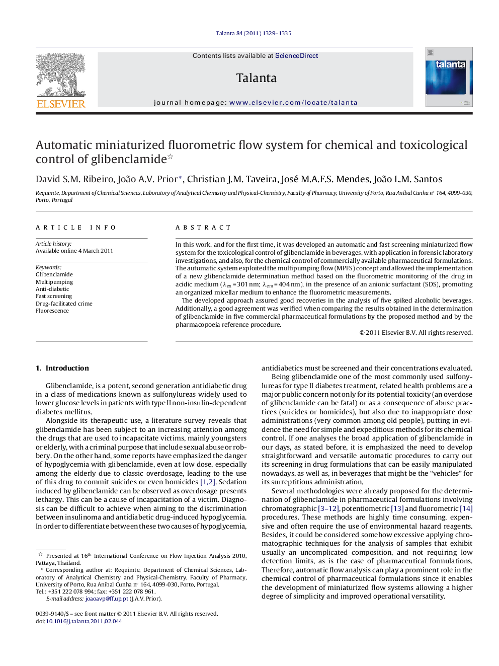 Automatic miniaturized fluorometric flow system for chemical and toxicological control of glibenclamide