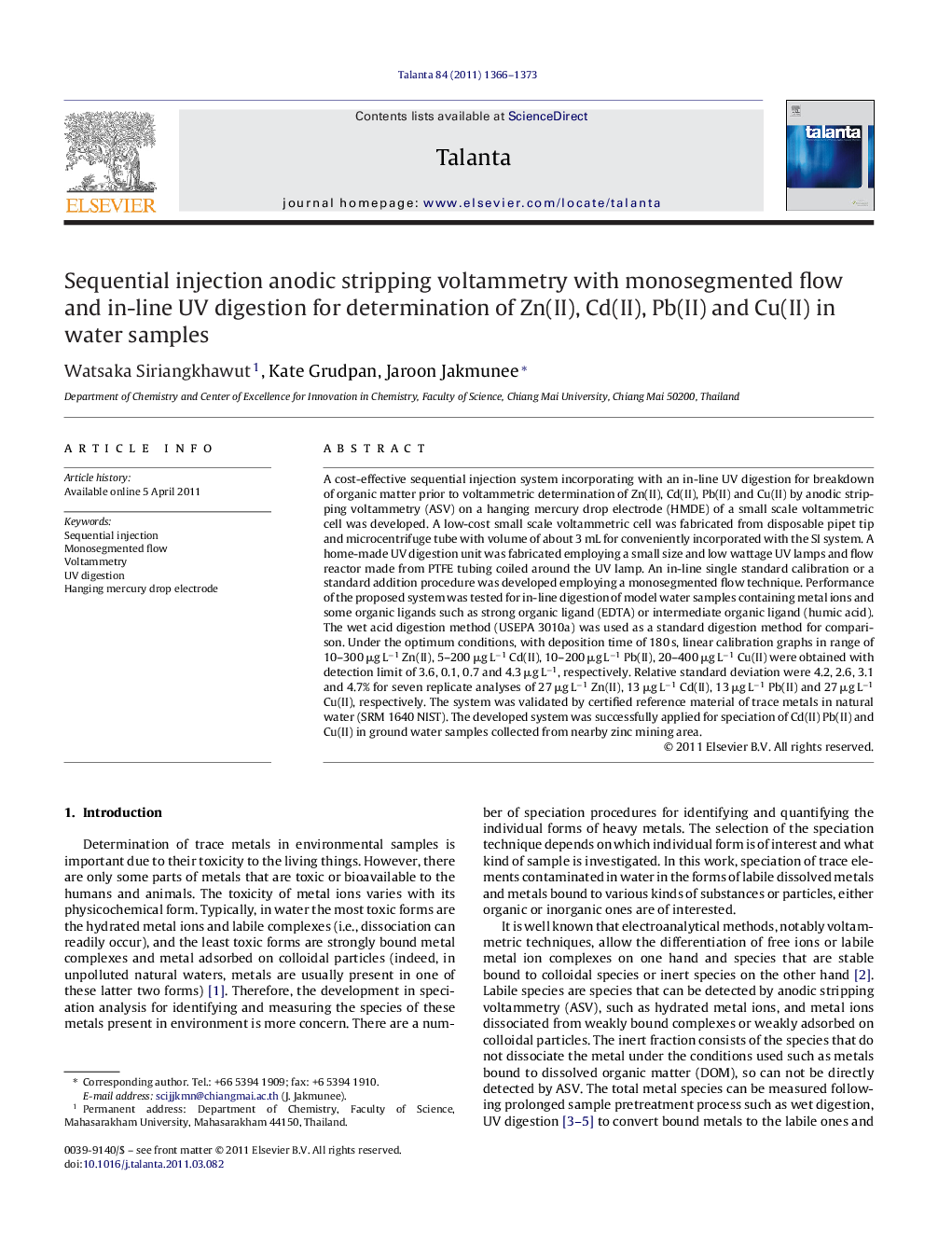 Sequential injection anodic stripping voltammetry with monosegmented flow and in-line UV digestion for determination of Zn(II), Cd(II), Pb(II) and Cu(II) in water samples