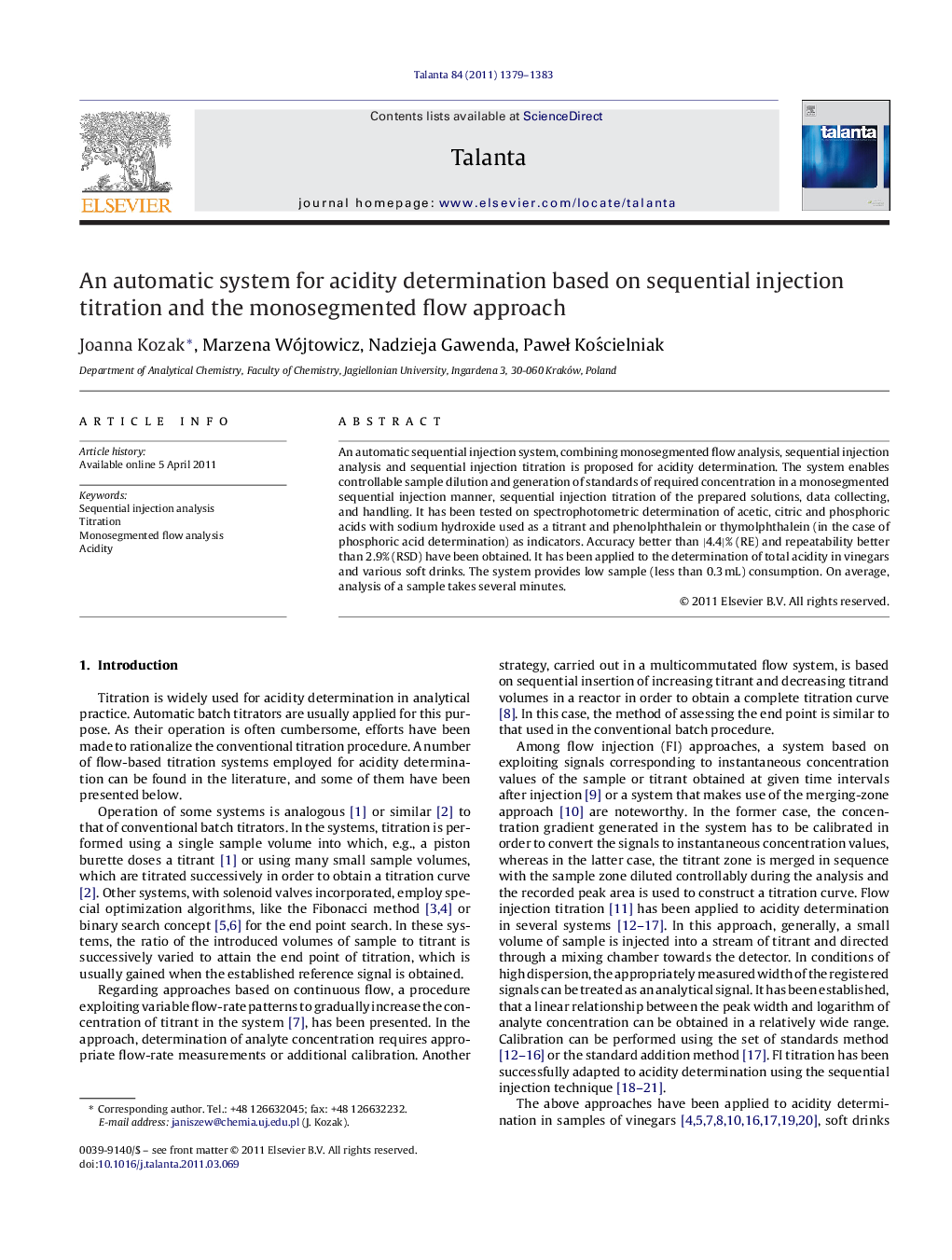 An automatic system for acidity determination based on sequential injection titration and the monosegmented flow approach