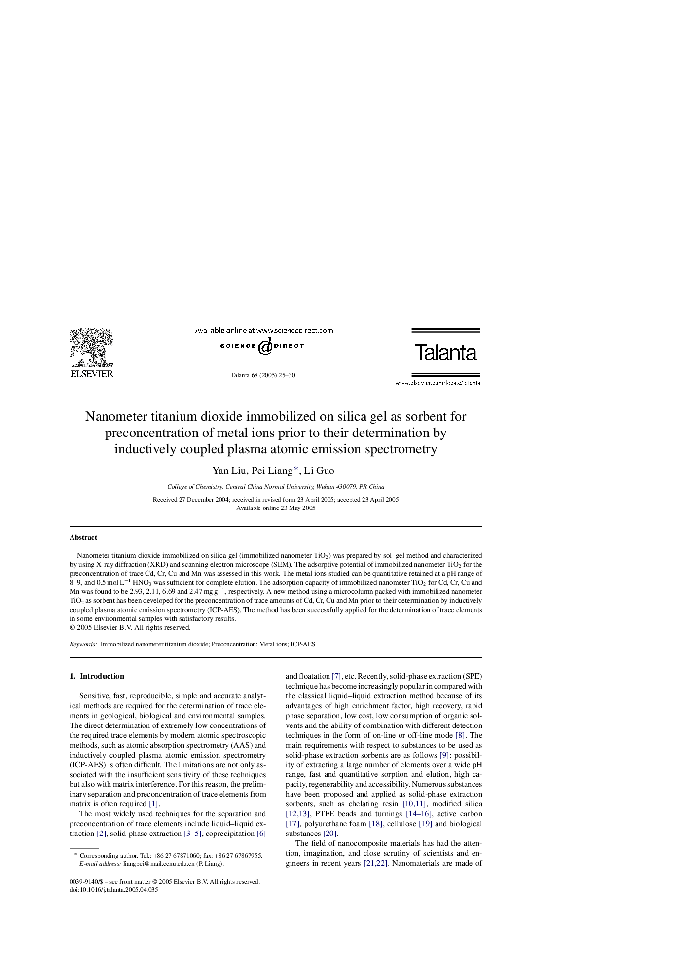 Nanometer titanium dioxide immobilized on silica gel as sorbent for preconcentration of metal ions prior to their determination by inductively coupled plasma atomic emission spectrometry