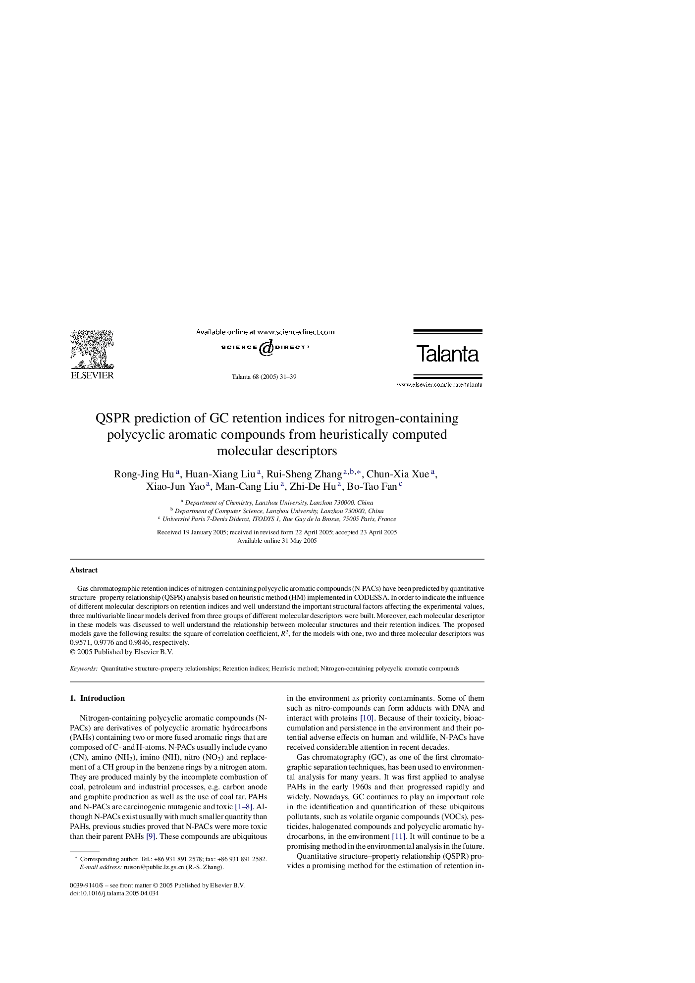 QSPR prediction of GC retention indices for nitrogen-containing polycyclic aromatic compounds from heuristically computed molecular descriptors