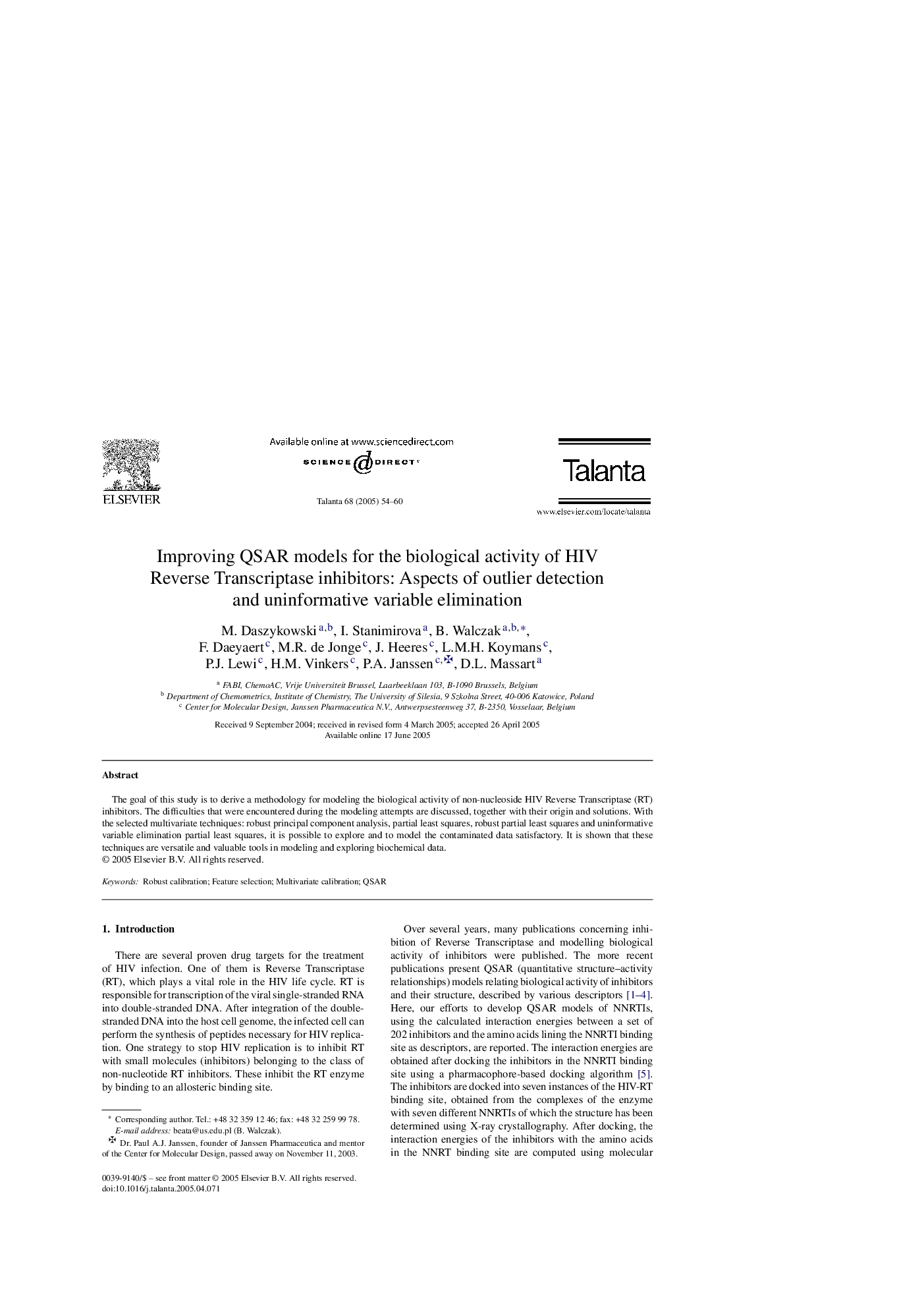 Improving QSAR models for the biological activity of HIV Reverse Transcriptase inhibitors: Aspects of outlier detection and uninformative variable elimination