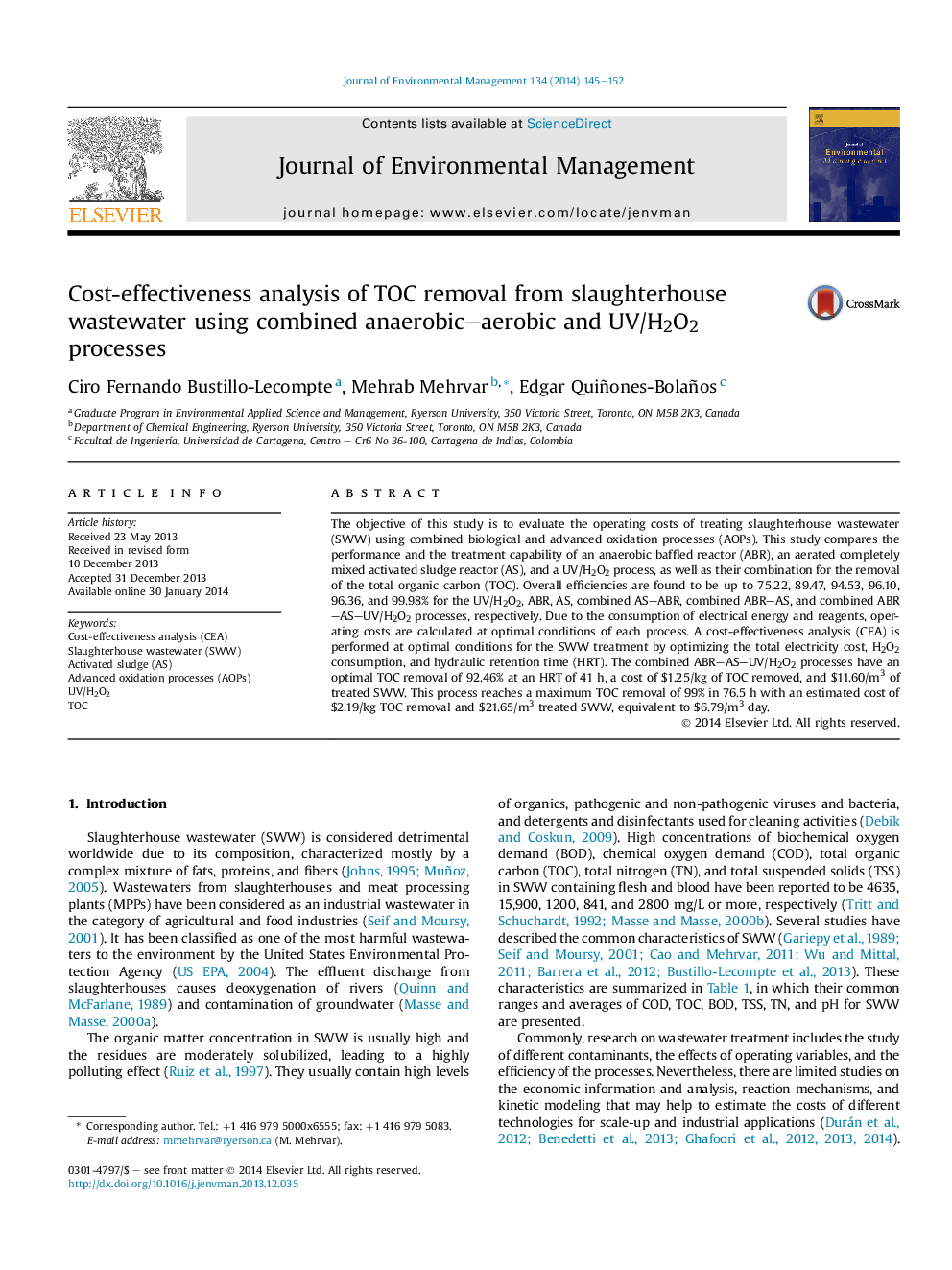 Cost-effectiveness analysis of TOC removal from slaughterhouse wastewater using combined anaerobic–aerobic and UV/H2O2 processes