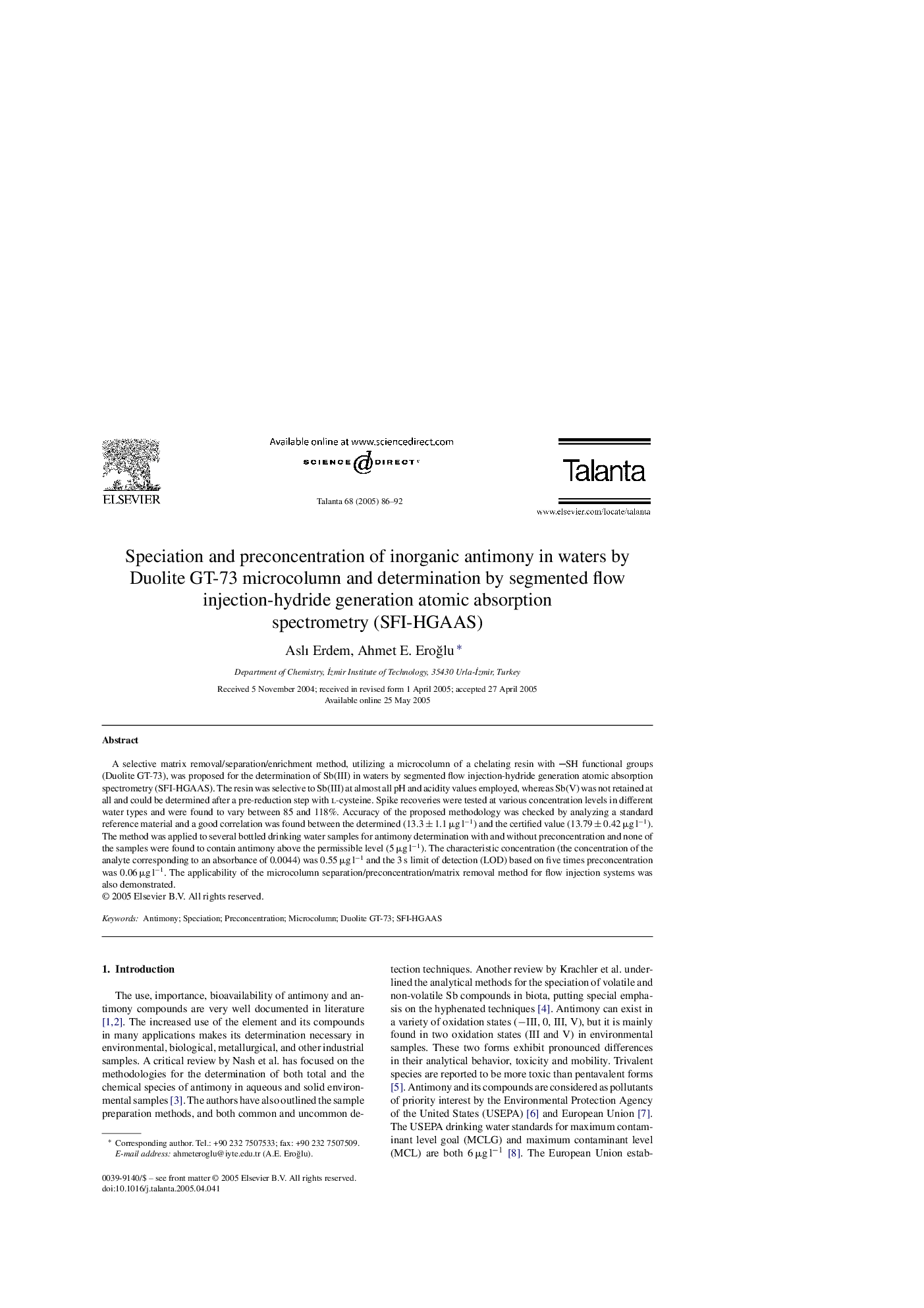 Speciation and preconcentration of inorganic antimony in waters by Duolite GT-73 microcolumn and determination by segmented flow injection-hydride generation atomic absorption spectrometry (SFI-HGAAS)