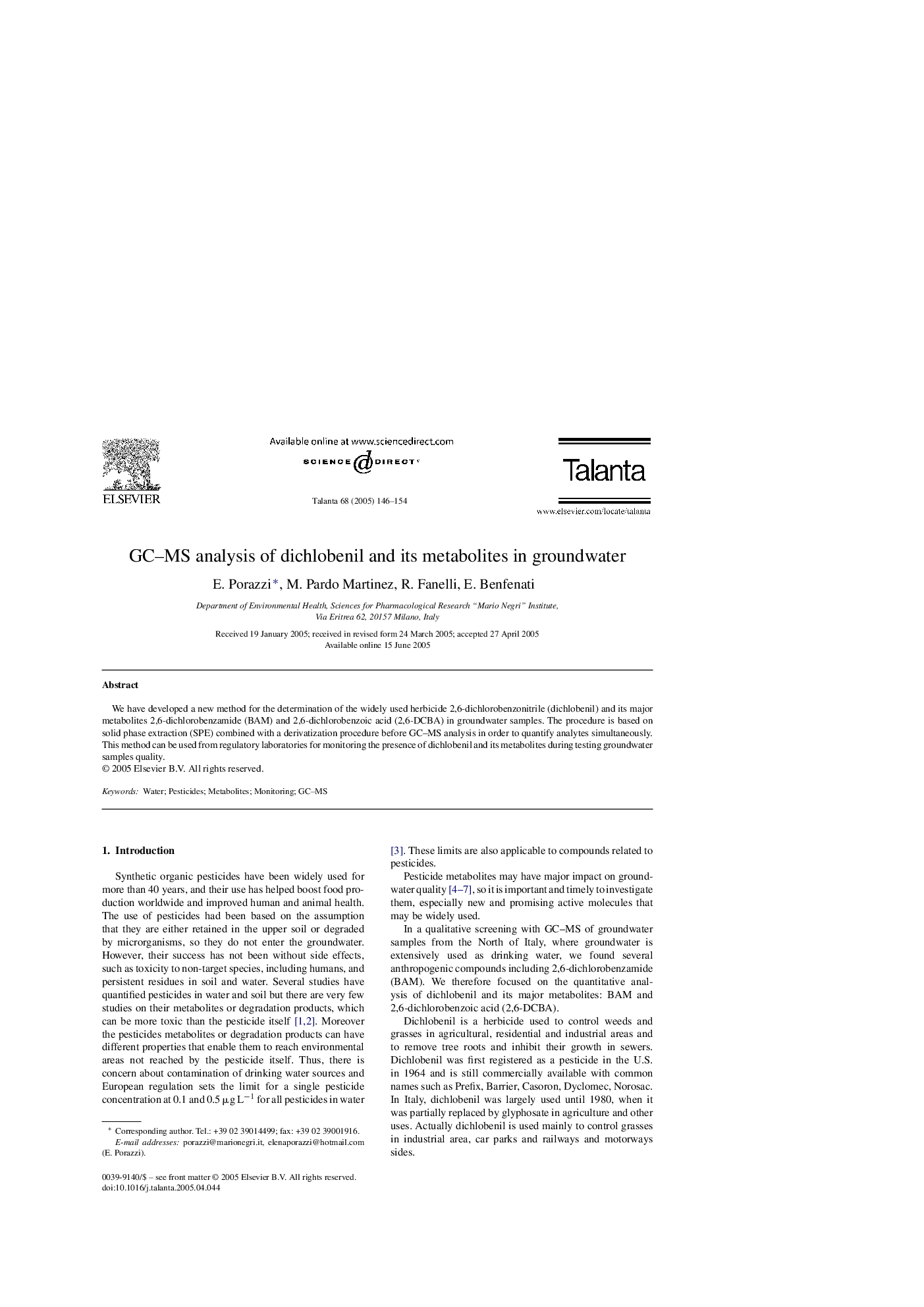 GC-MS analysis of dichlobenil and its metabolites in groundwater