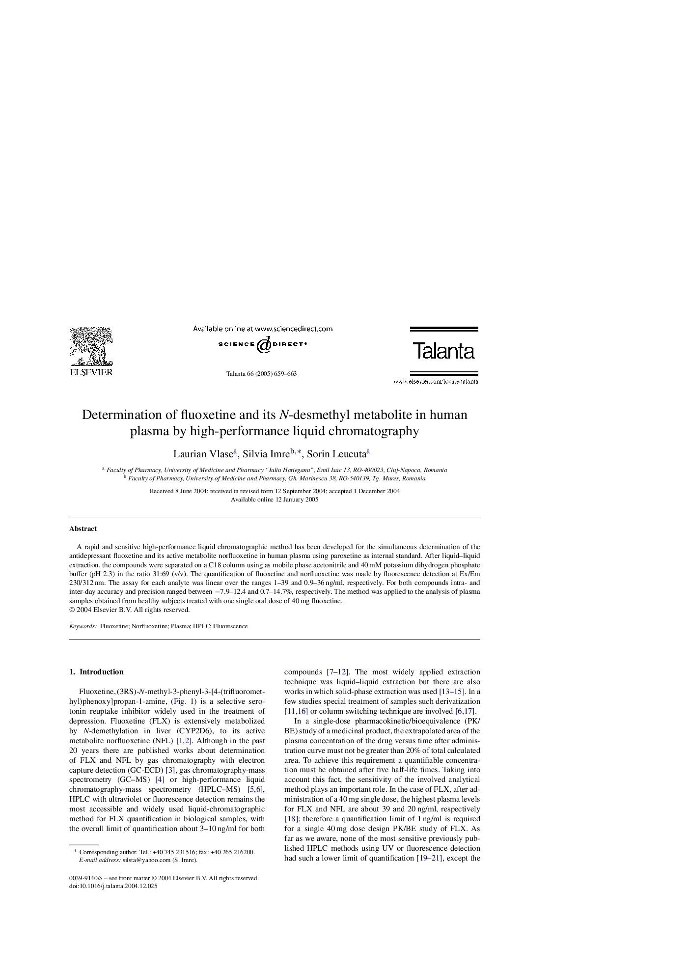 Determination of fluoxetine and its N-desmethyl metabolite in human plasma by high-performance liquid chromatography