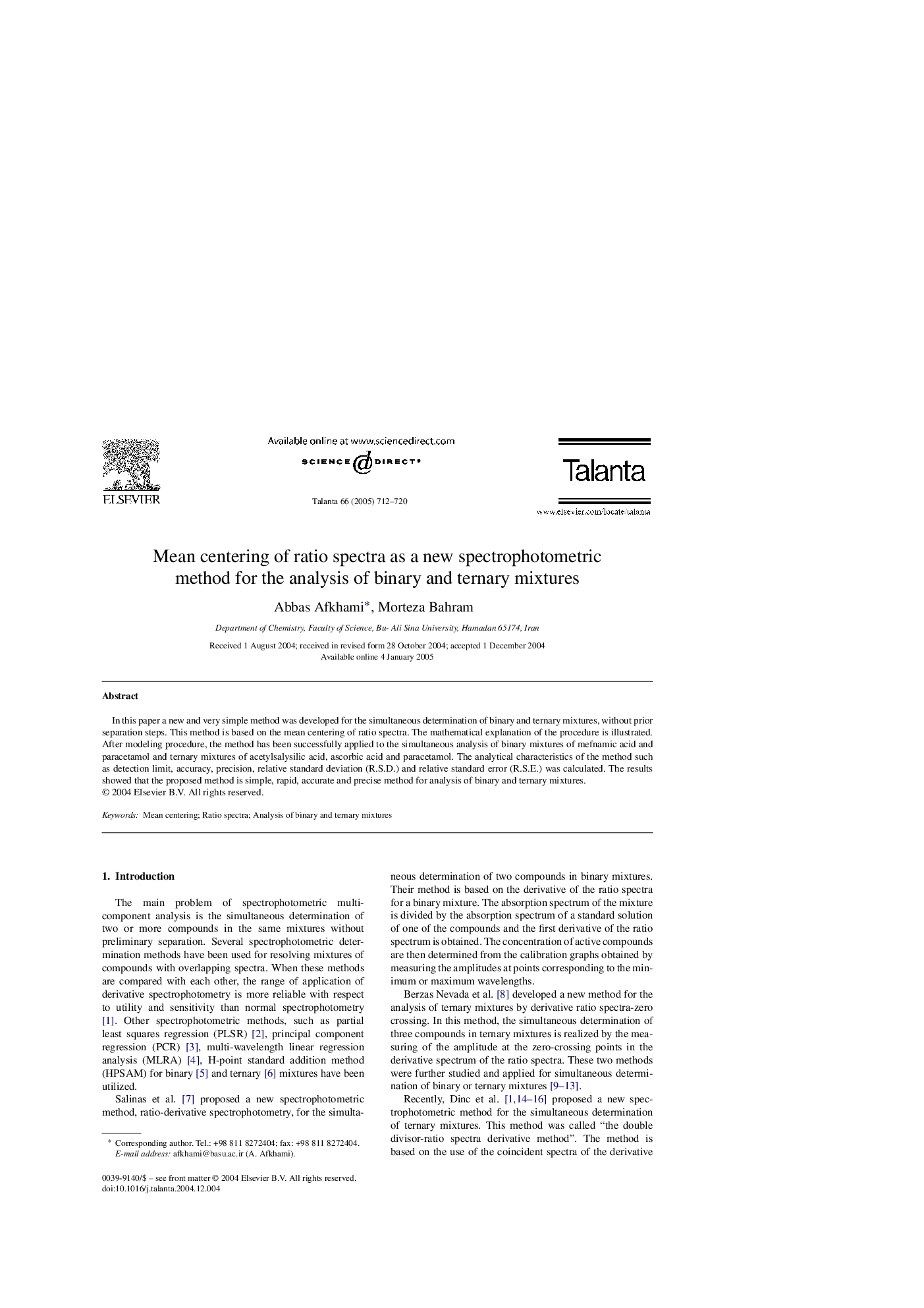 Mean centering of ratio spectra as a new spectrophotometric method for the analysis of binary and ternary mixtures