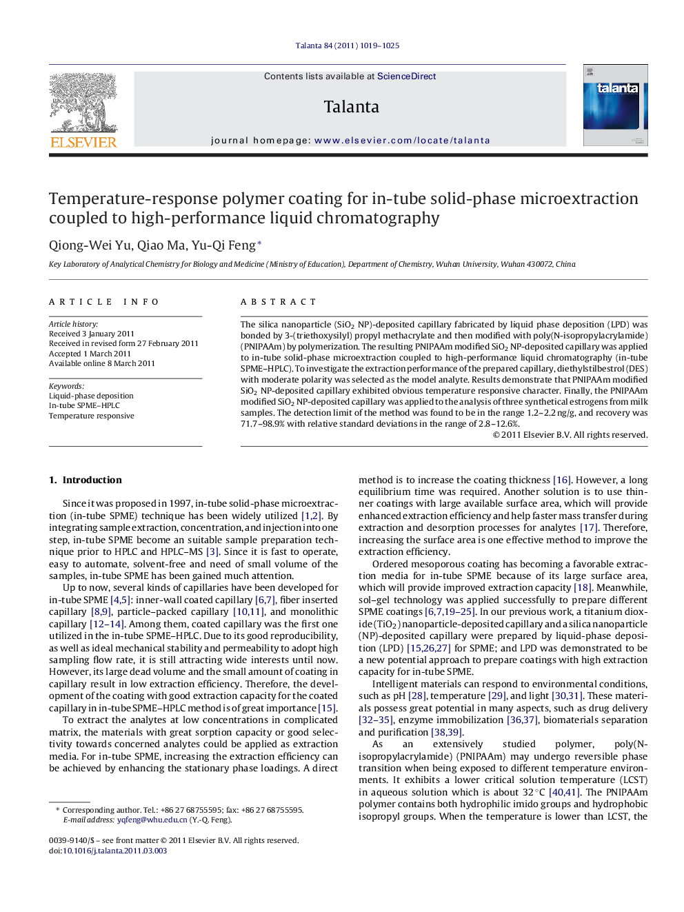 Temperature-response polymer coating for in-tube solid-phase microextraction coupled to high-performance liquid chromatography